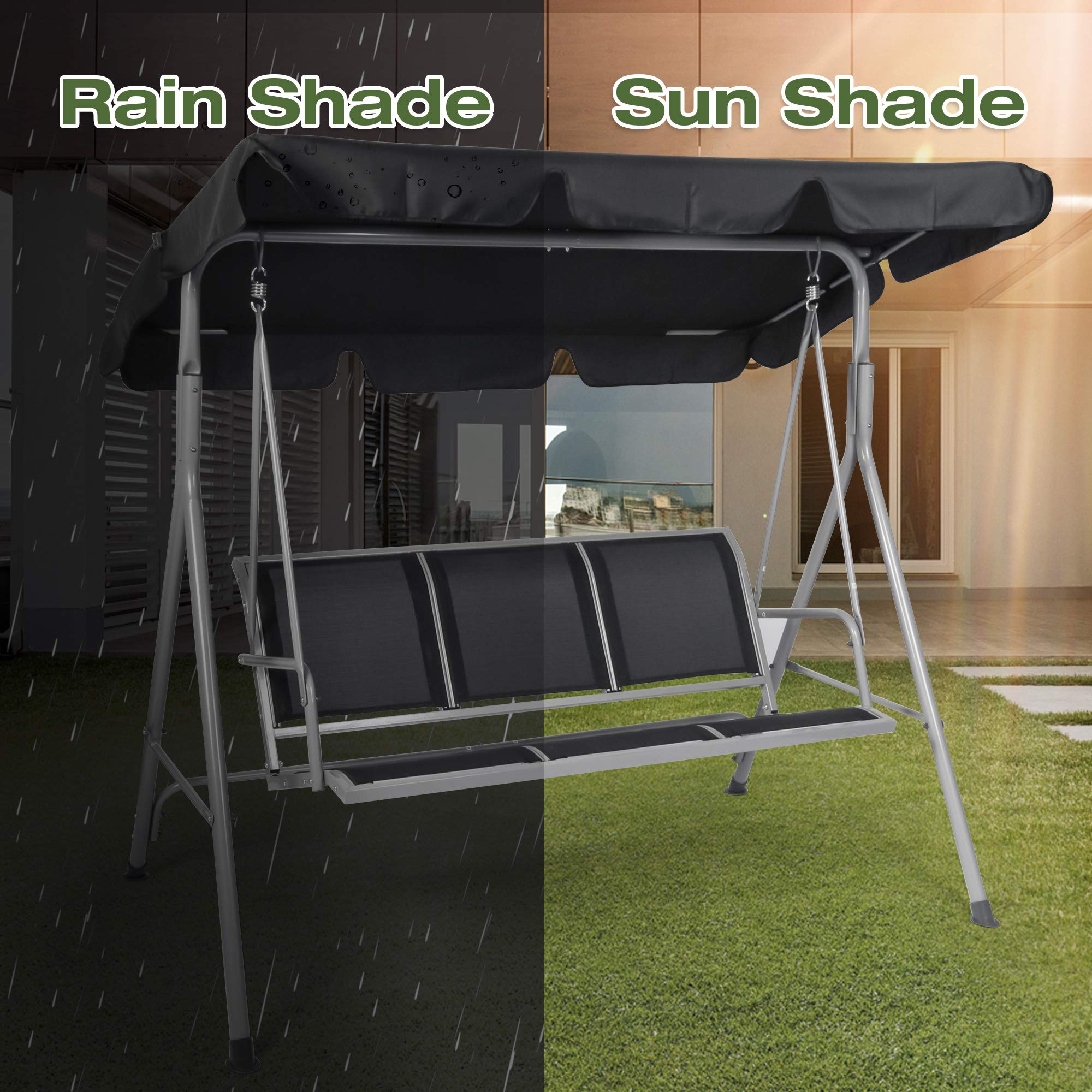 3-Person Outdoor Swing Chair with Adjustable Canopy - Heavy Duty Hammock Seats for Patio, Porch, Garden - Perfect for Relaxing, Lounging & Backyard Decor (Black)