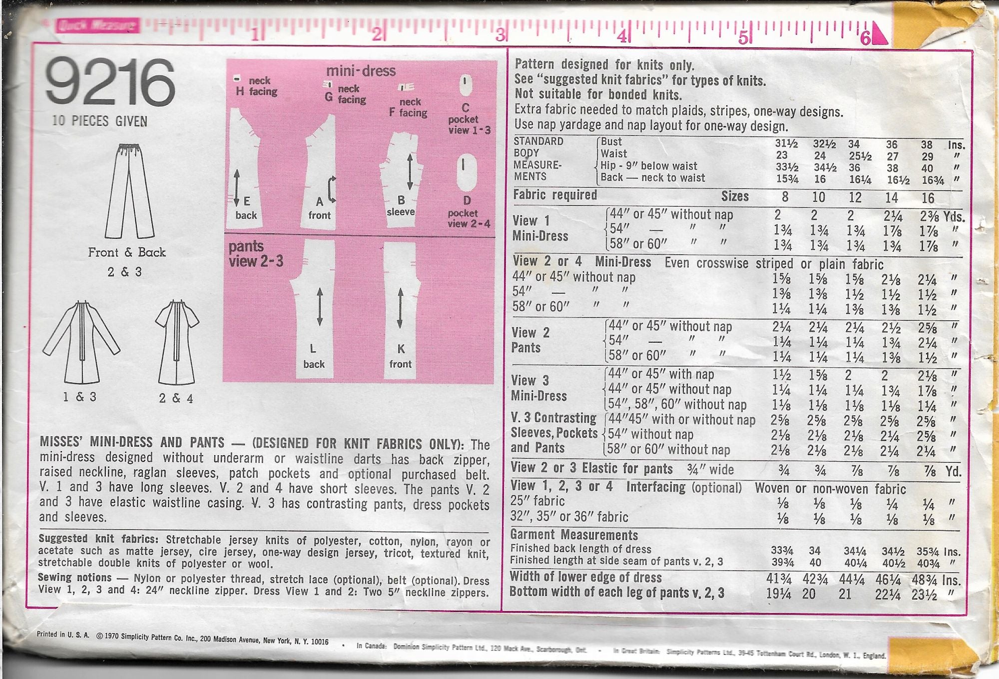 Simplicity 9216 Mini Dress Pants Vintage Sewing Pattern 1970s - Retro Women's Trousers DIY Sewing Project for Home Tailoring & Costume Making