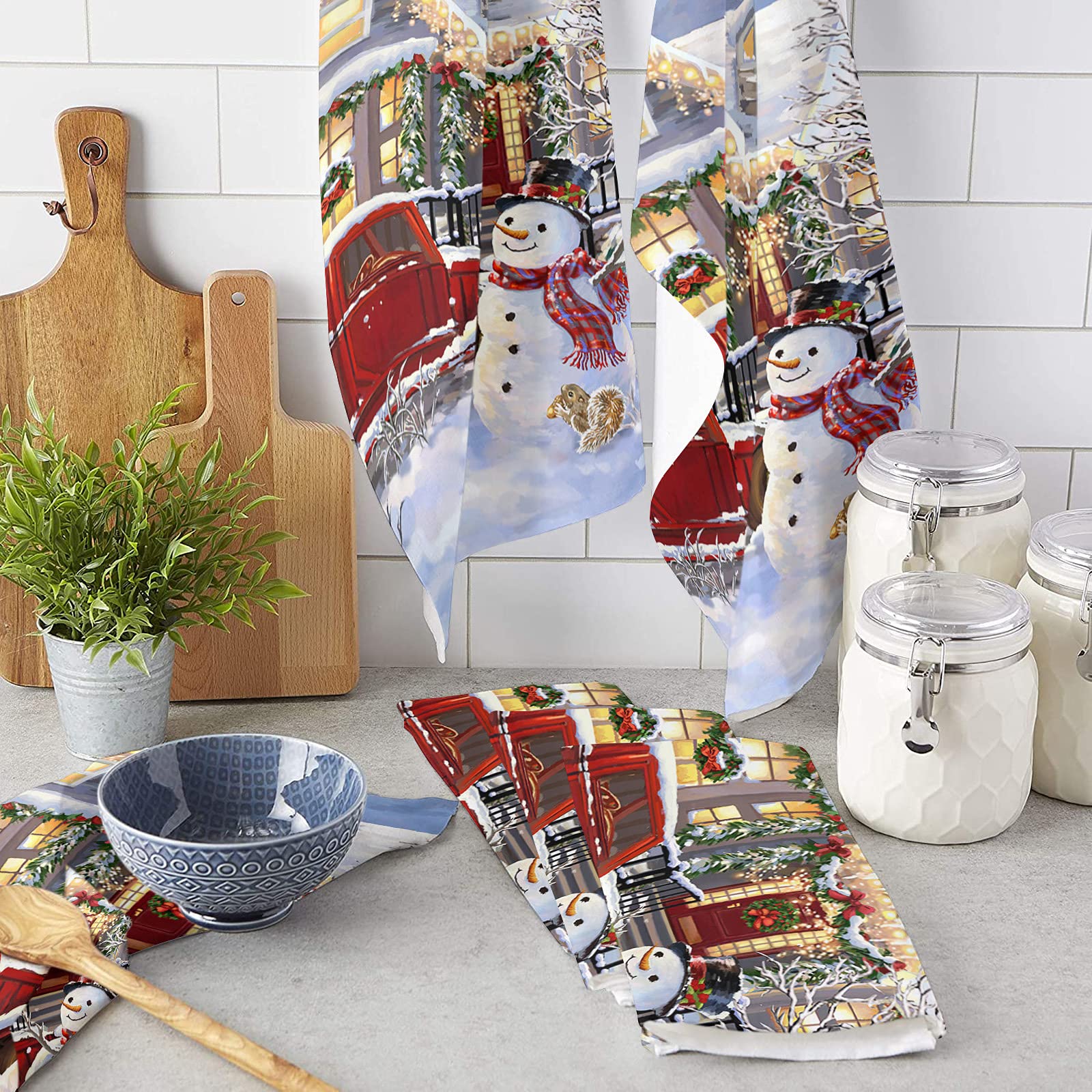 Premium Microfiber Kitchen Towels Set of 2 - Super Absorbent & Reusable Dish Towels (18x28 Inch) - Christmas Truck Xmas Tree Farm Snowman Design - Perfect for Holiday Kitchen Decor, Dish Drying, Bar Cleaning & Tea Towel Use