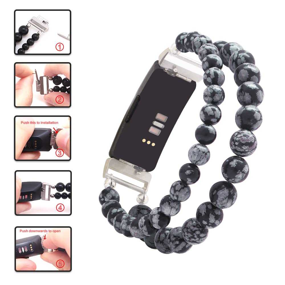 Fitbit Inspire HR Bands for Women - Handmade Beaded Adjustable Strap (Snowflake Obsidian) for Workouts & Daily Wear