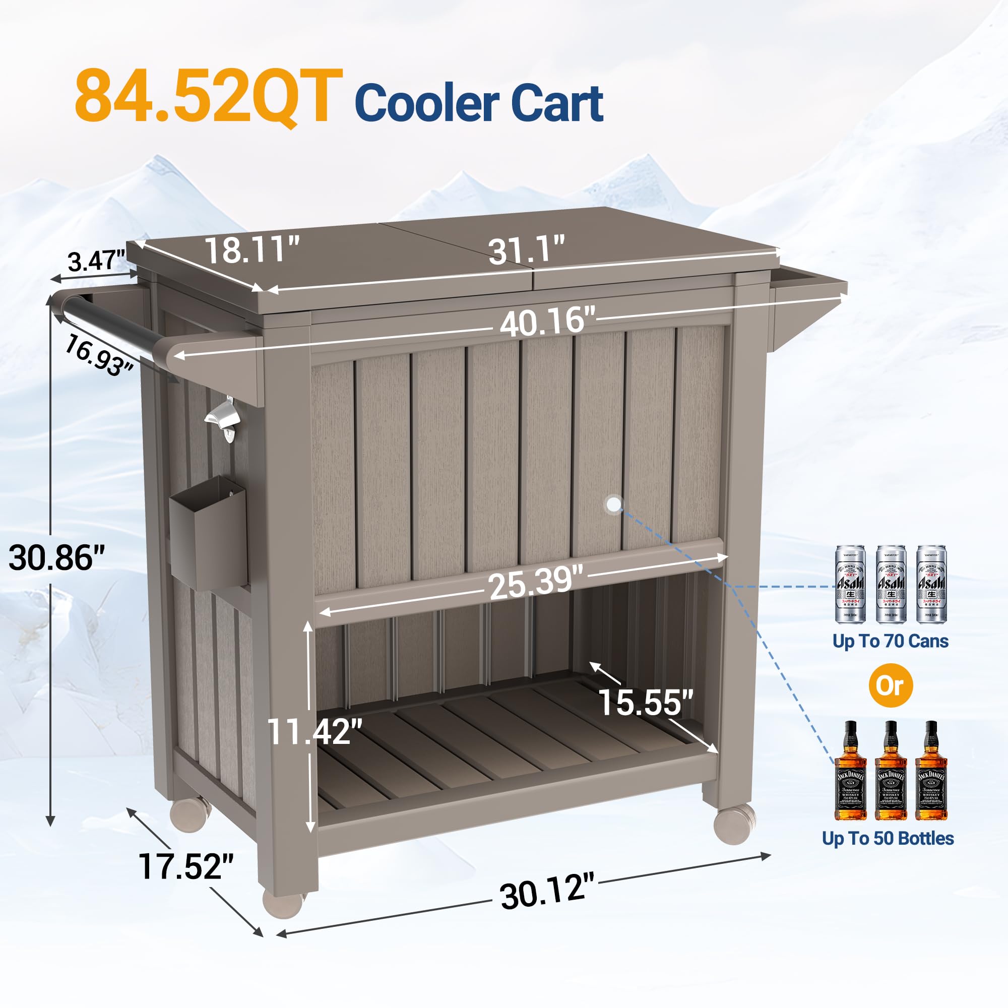 UDPATIO 85 Quart Rolling Cooler with Wheels & Handle - Large Capacity Outdoor Party Cooler for Drinks, Beverages, Picnics, Camping, Tailgating & Beach Outings