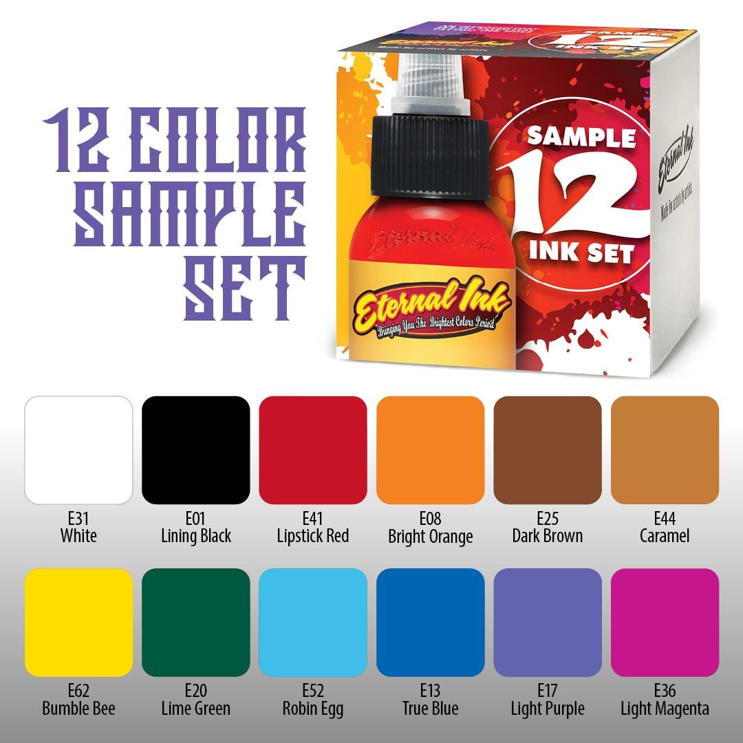 Eternal Tattoo Ink Sample Color Set - 12 Vibrant 1/2oz Bottles for Professional Tattoo Artists | Perfect for Tattoo Practice, Art Projects & Body Art