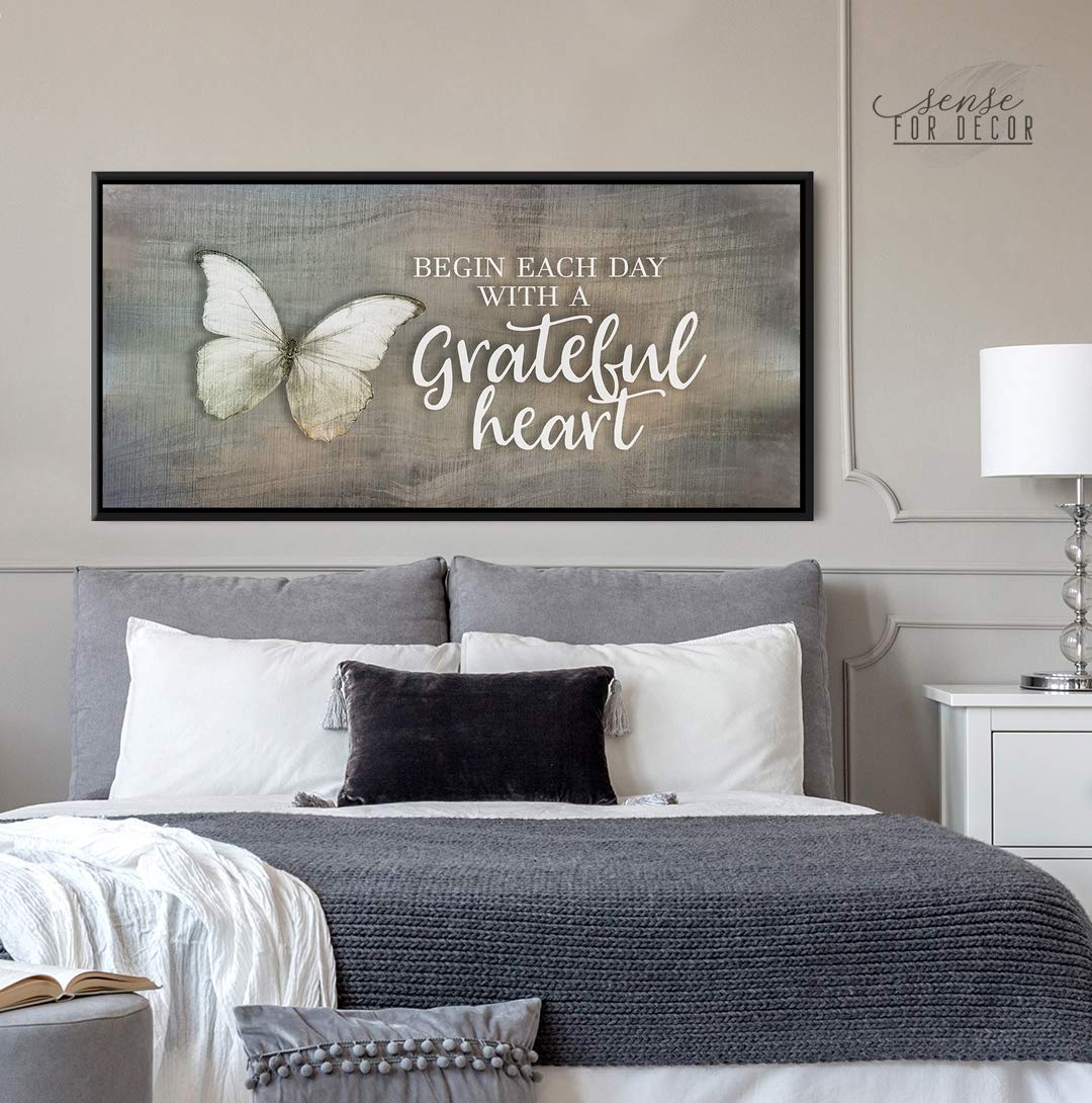 Inspirational Wall Art - 'Begin Each Day' Motivational Quote Canvas Print with Black Floating Frame, Religious & Blessed Home Decor, Large Butterfly Wall Décor (Grey, 42x19 Inches) - Perfect for Living Room, Bedroom & Office Inspiration