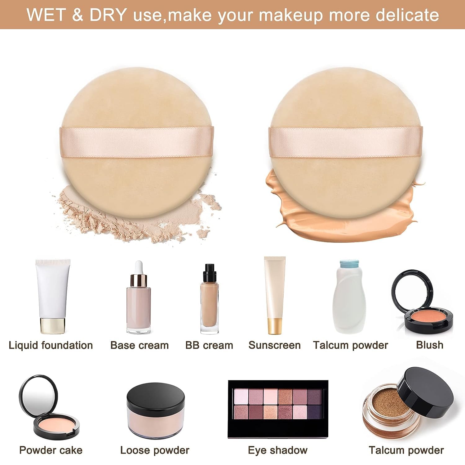6-Piece Velour Powder Puffs for Face & Foundation - 4.13 Inch Soft Makeup Applicators - Pure Cotton Cosmetic Puffs with Ribbon - Perfect for Flawless Makeup Application & Touch-Ups On-The-Go