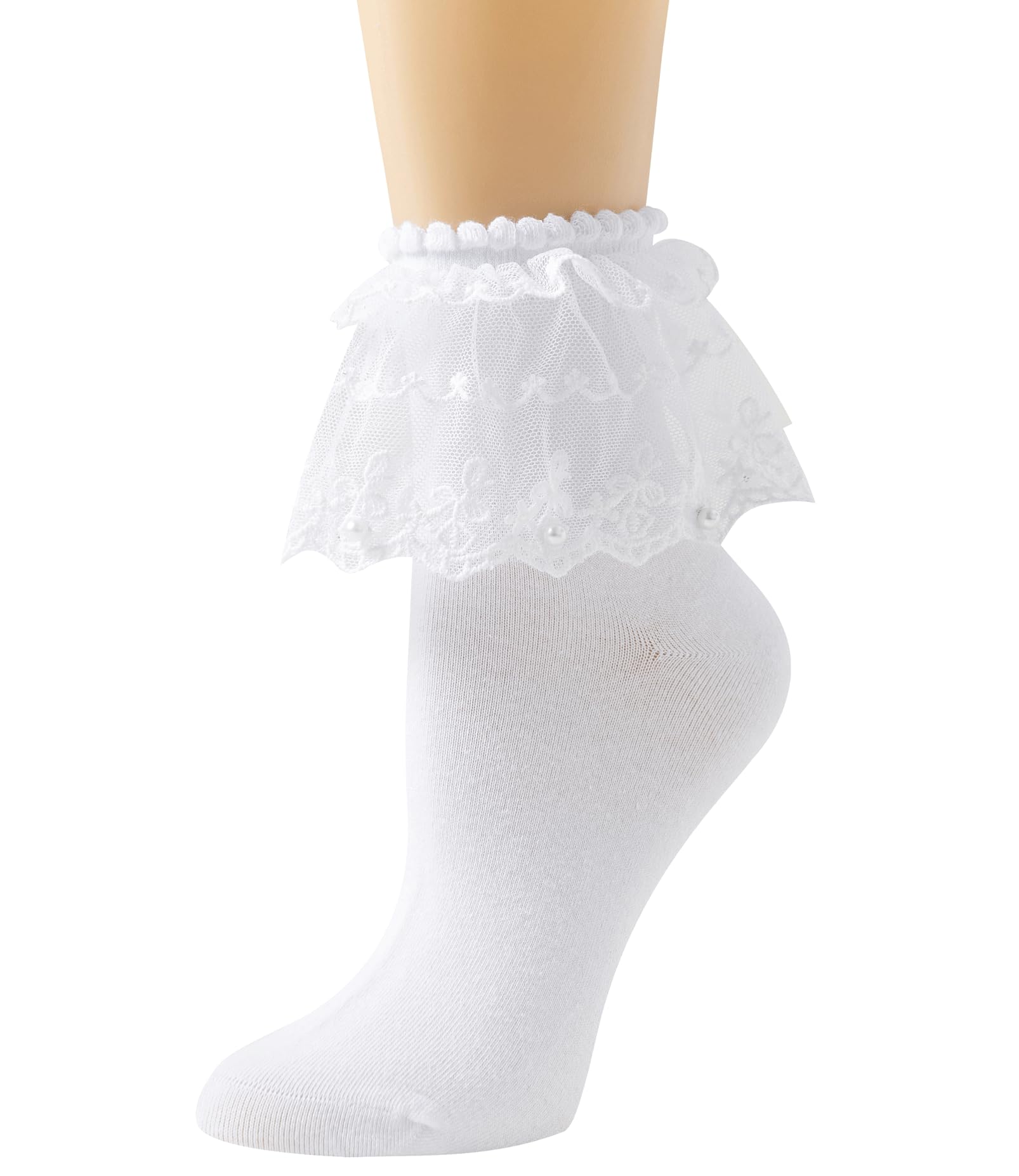 SEMOHOLLI Women's Pearl Lace Ruffle Ankle Socks - No-Show Cotton Princess Socks for Comfort & Style - Perfect for Ballet Flats, Sneakers and Everyday Wear