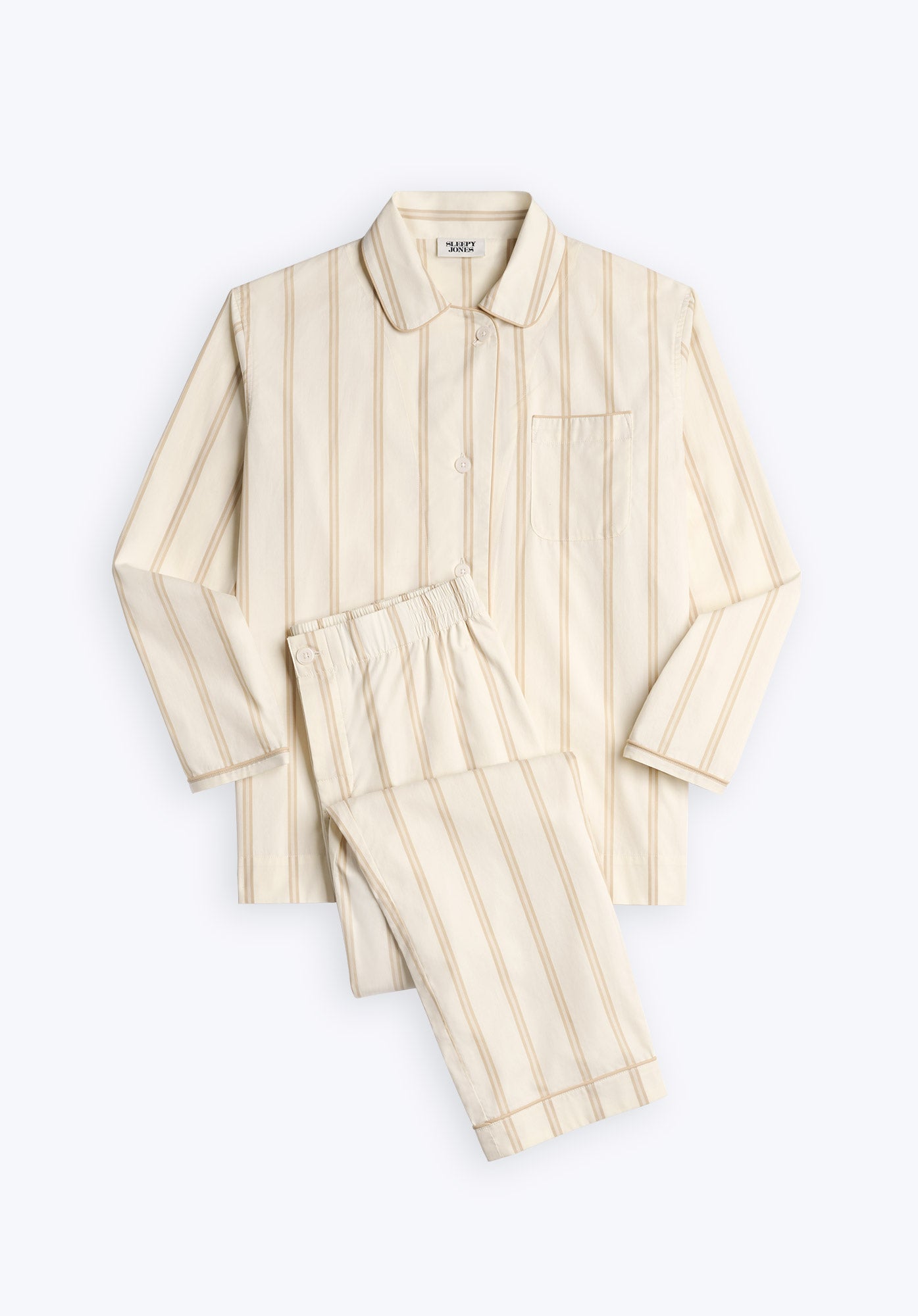 Bishop Pajama Set for Women - Soft Cotton Striped Sleepwear in Sand & Cream Colors | Cozy Loungewear for Relaxing at Home, Sleepovers & Spa Nights
