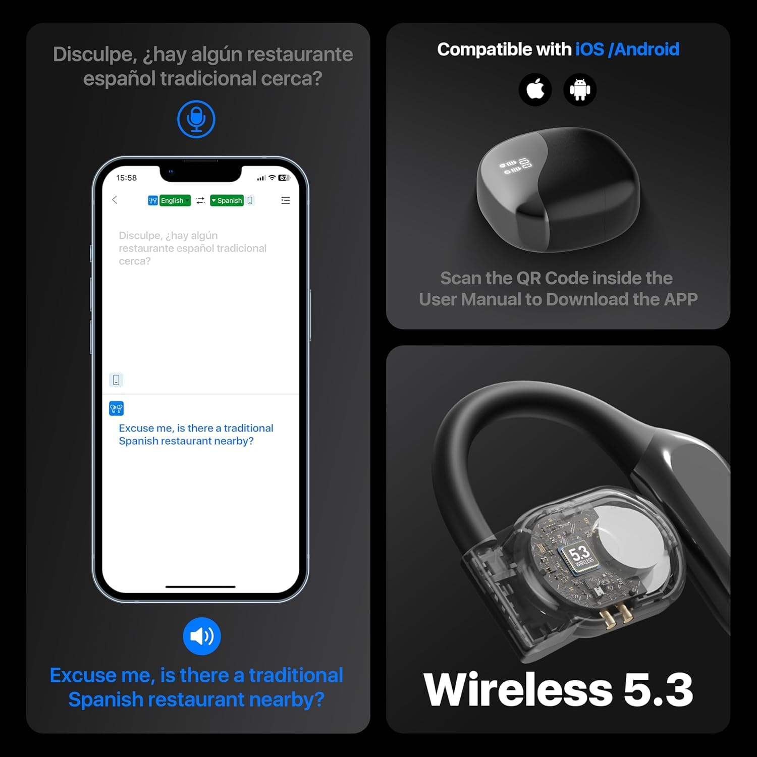 3Pcs AI Real-Time Language Translator Earbuds - Open Ear Wireless Bluetooth Earbuds with 144 Language Translation for iOS & Android - Perfect for Travel, Business Meetings & Multilingual Conversations