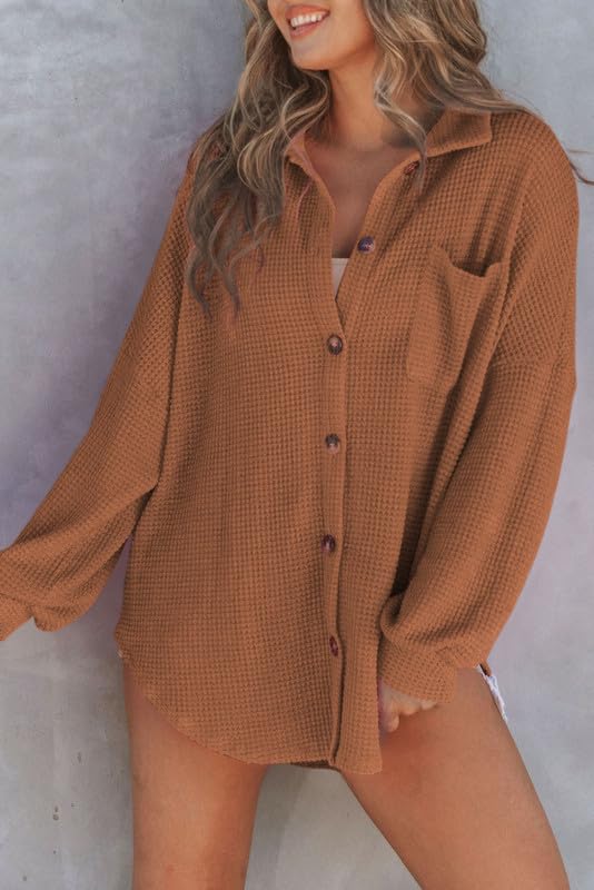 SHEWIN Women's Waffle Knit Button Down Shirt - Casual Long Sleeve Shacket Jacket, Boyfriend Style Loose Fit Blouse for Everyday Wear, Office & Date Nights