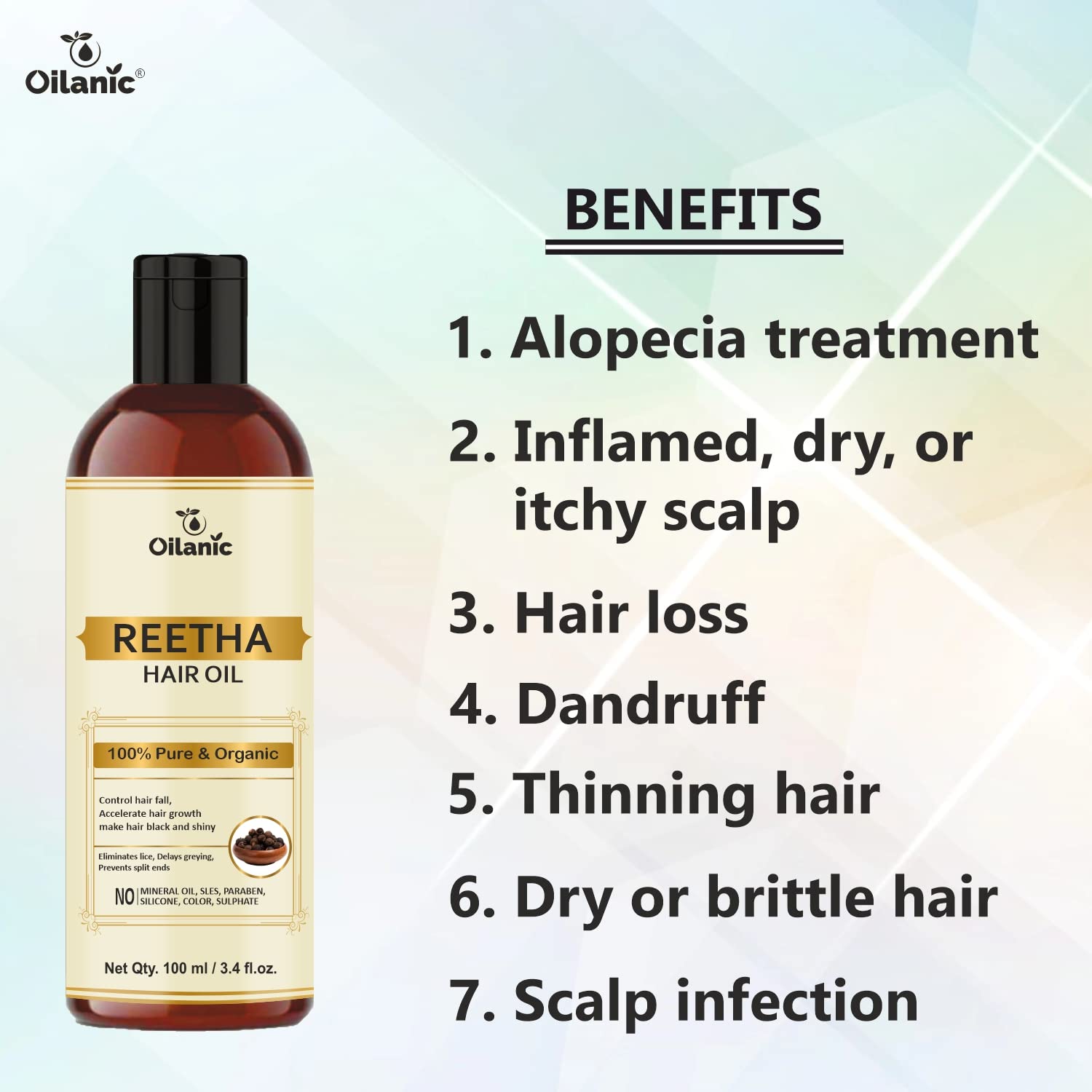 Oilanic Reetha Hair Oil for Longer & Stronger Hair Growth | 100% Natural Herbal Formula | Adds Volume & Shine | Unisex Treatment (Pack of 2 x 100ml) | Perfect for Daily Hair Care & Scalp Massage