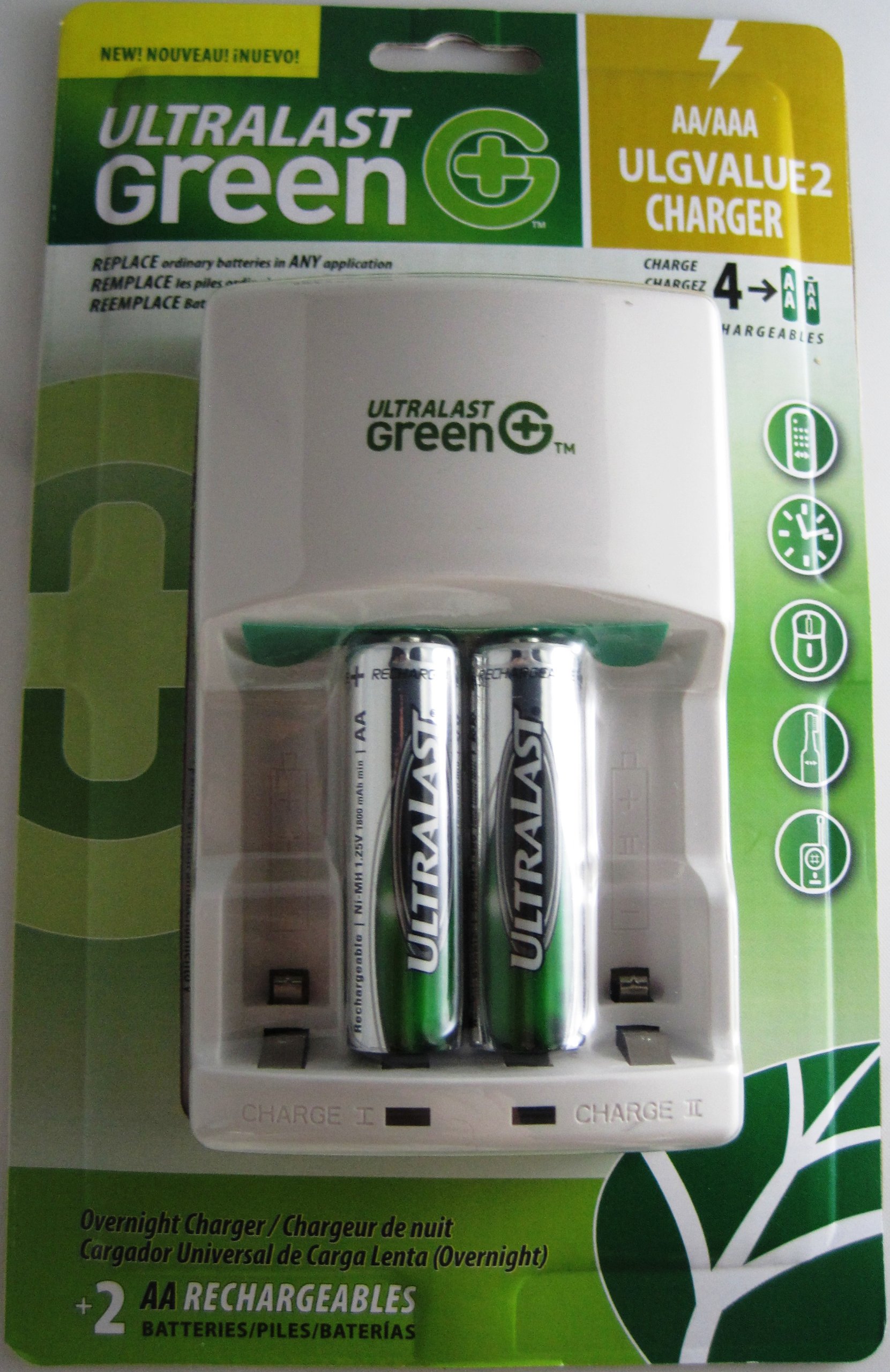 Fast Charging Standard Wall Charger with 2 AA Green Precharged Batteries - Perfect for Home, Office & Travel Use with Electronics