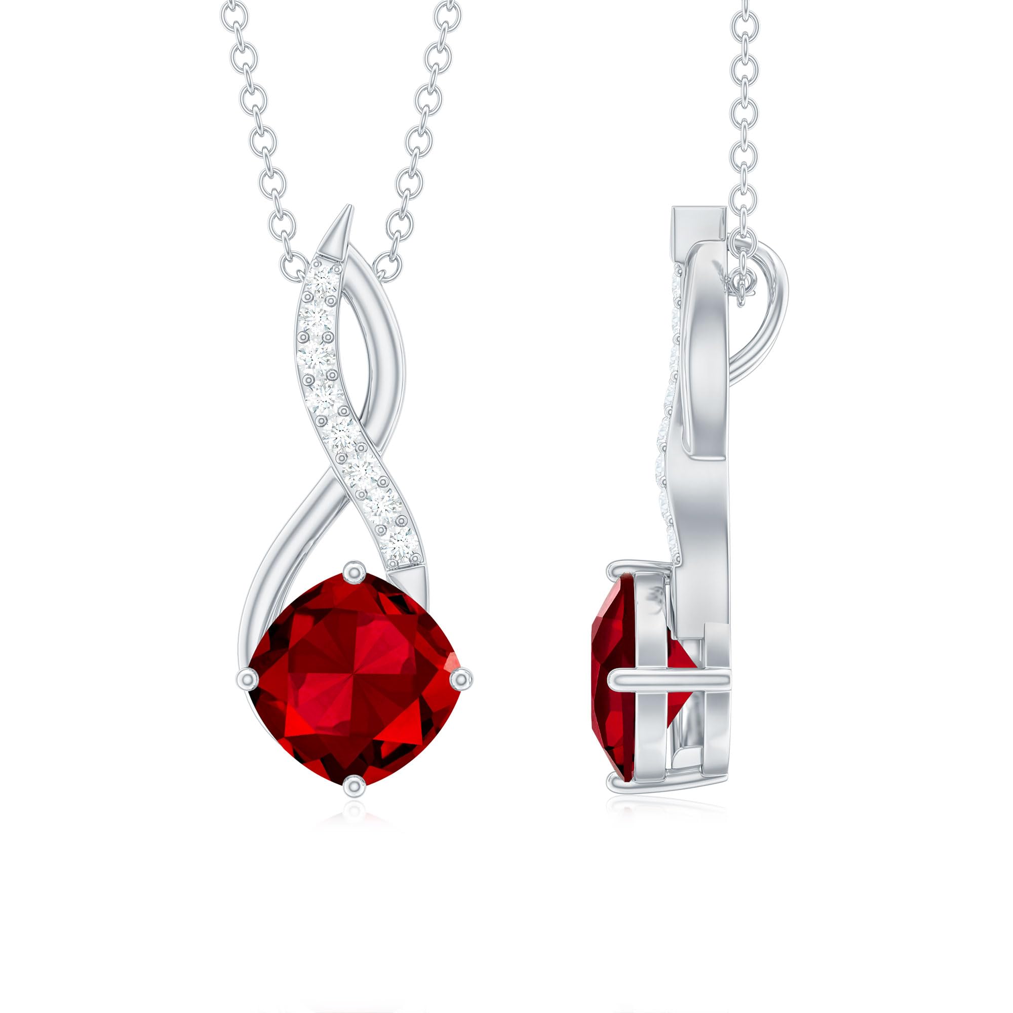 2.25 CT Lab-Created Ruby Pendant with Diamond Accents - Cushion Cut Synthetic Ruby Necklace with Hidden Bail - Elegant Jewelry for Women, Perfect for Weddings, Anniversaries & Special Occasions
