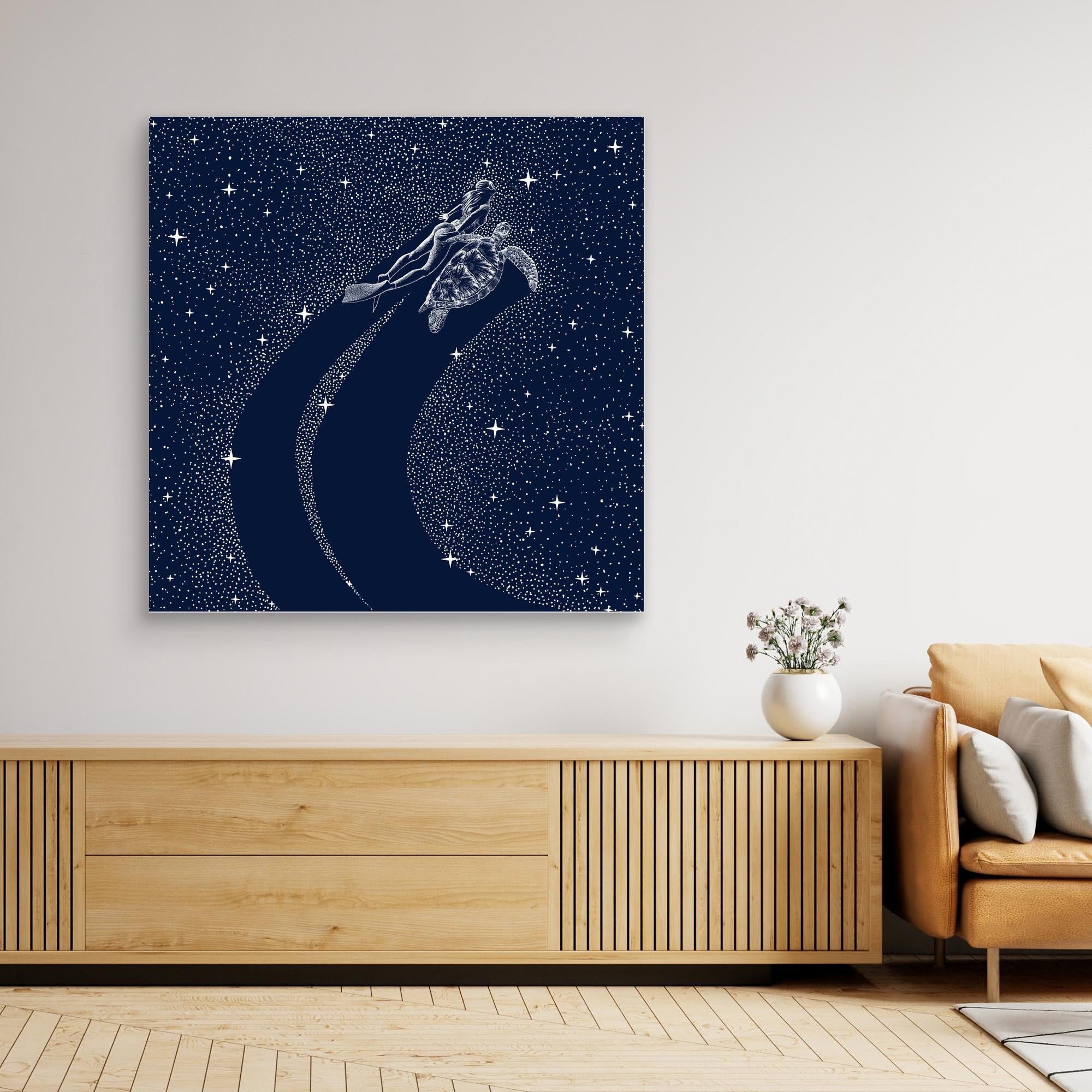 Starry Turtle and Diver Canvas Print by Alirıza Çakir - Ocean Themed Wall Art for Living Room, Bedroom & Office Decor