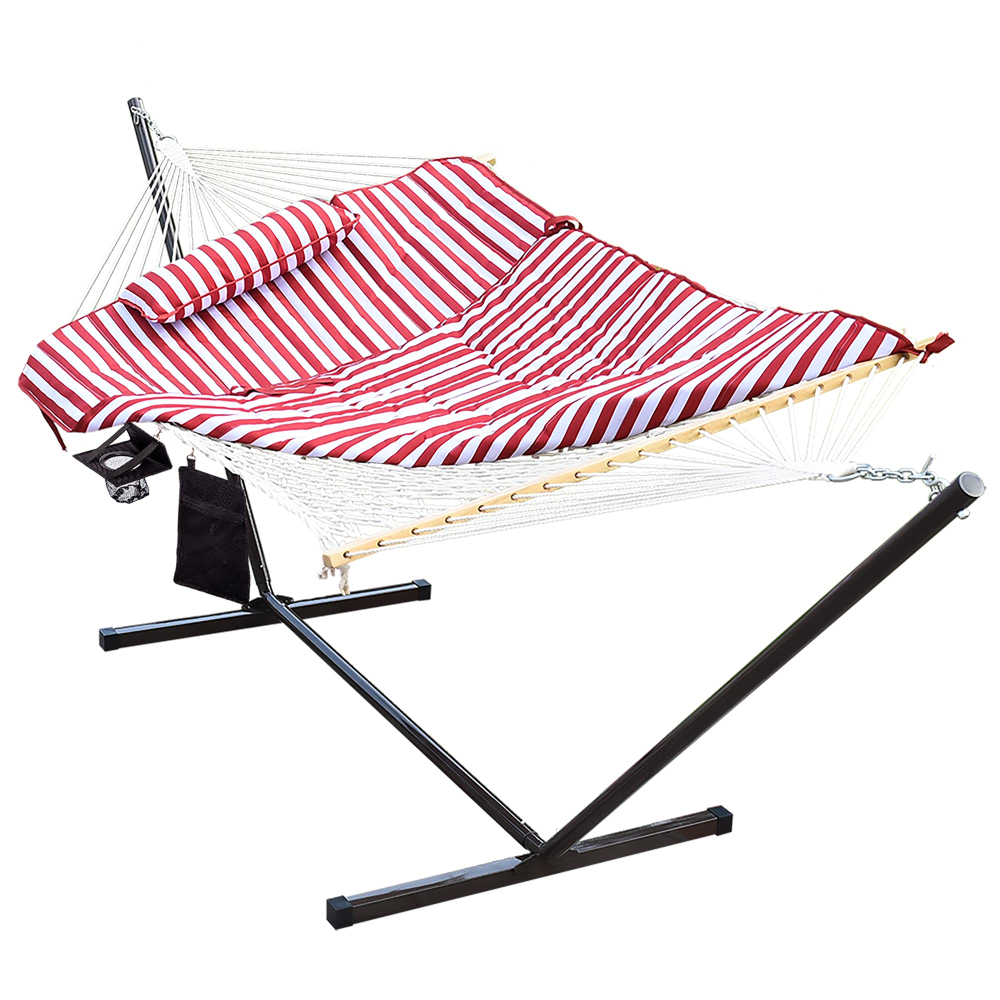 Premium Cotton Rope Hammock with 12FT Steel Stand - Double Hammock with Spreader Bars, Quilted Pad, Detachable Pillow & Cup Holder - Freestanding Outdoor Hammock for Backyard, Patio, Beach & Camping (Red/White Stripes)