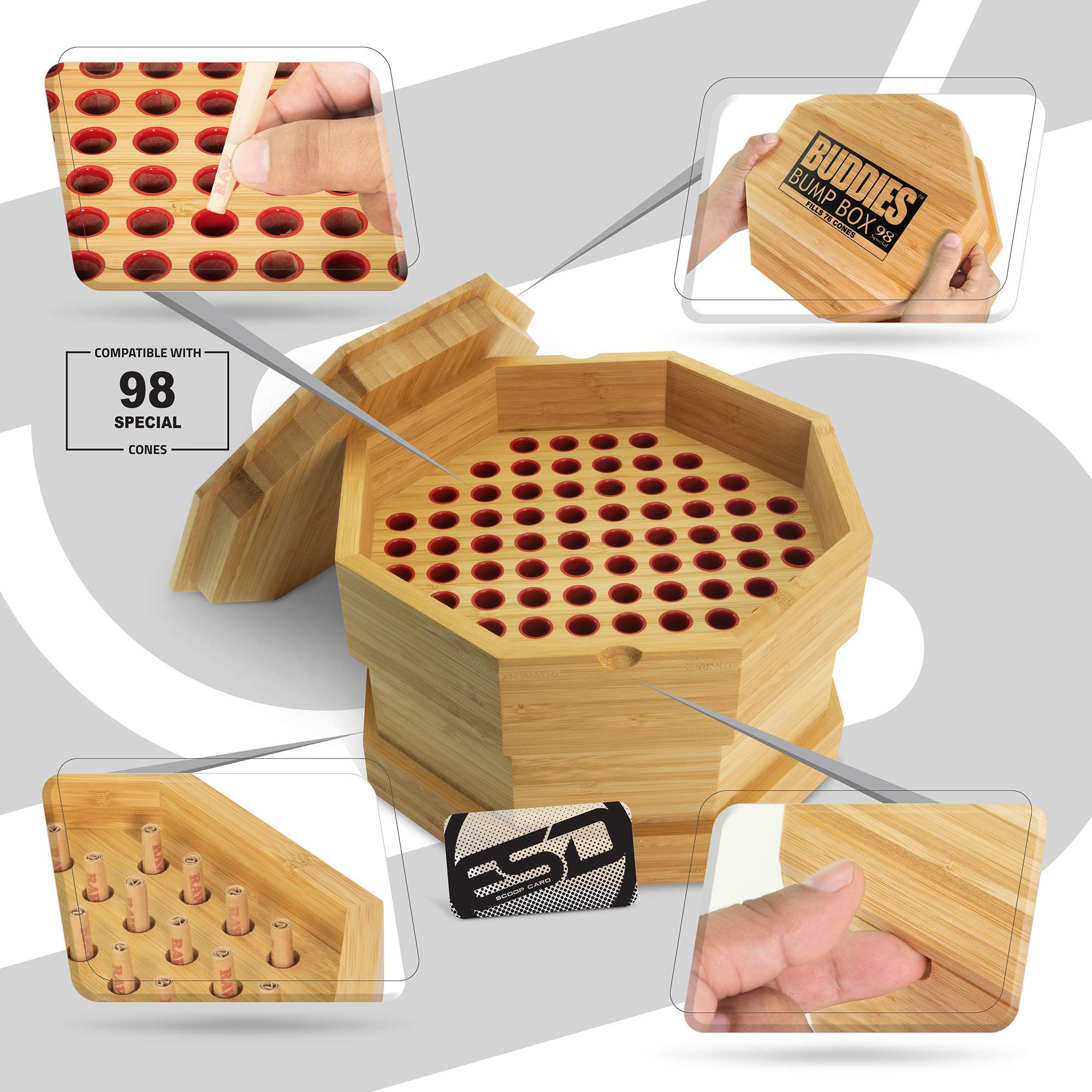 Buddies Bump Box Filler for 98 Special Sized Cones | Bulk Packing Wood Box Fills 76 Cones Simultaneously | Time-Saving ESD Scooping Card Included | Perfect for Dispensaries & Large-Scale Cannabis Packaging
