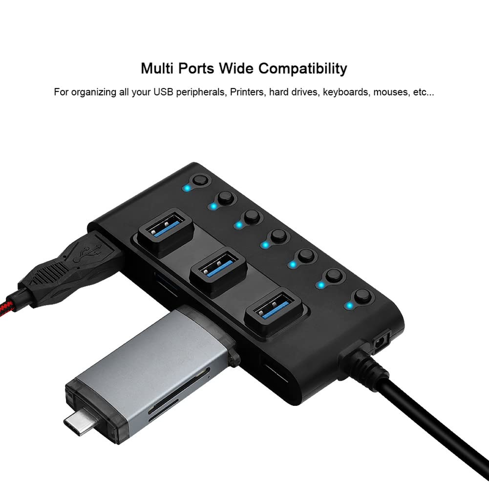 Vervmczn 7-Port USB 3.0 Hub Adapter with Individual Switches - High-Speed Portable USB Splitter for Laptop, PC, and Computer - Ideal for Home Office, Gaming, and Multi-Device Charging