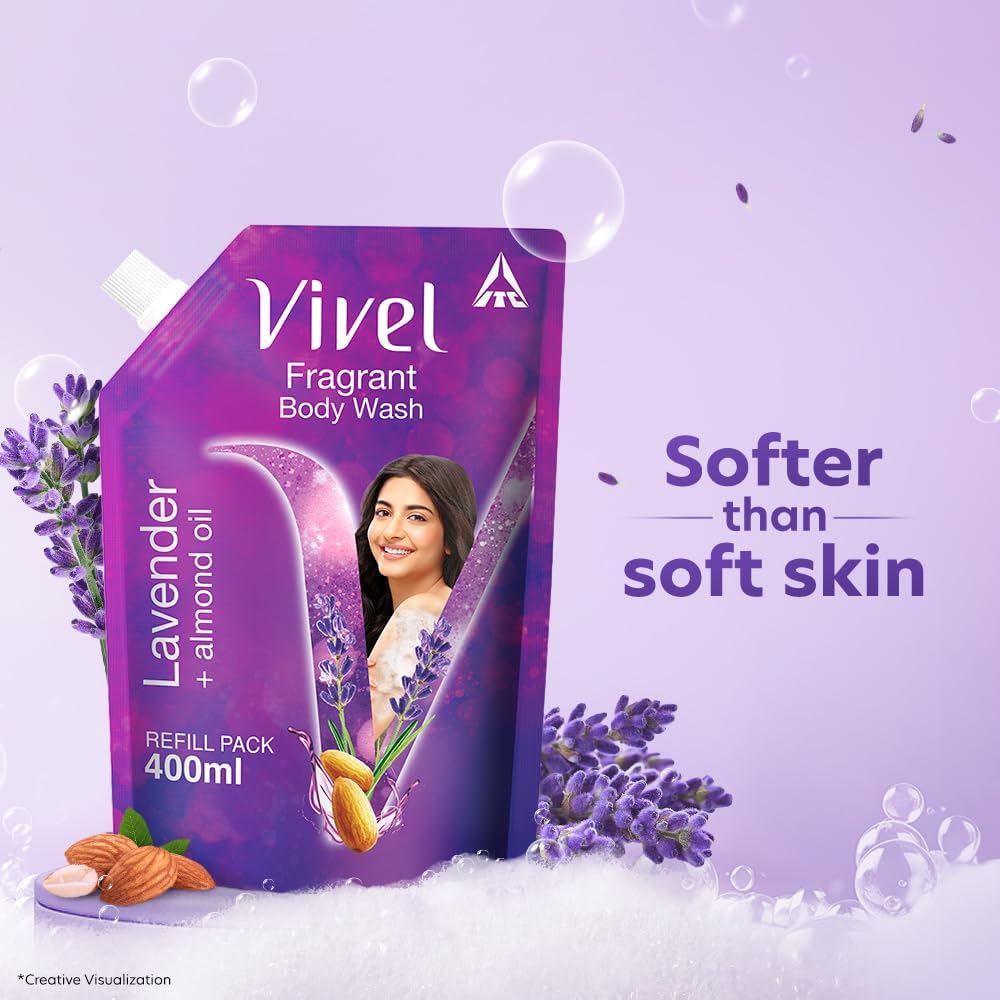 Viv.l Fragrant Body Wash - Lavender & Almond Oil Shower Gel (13.5 Fl Oz) | Moisturizing Bodywash for Soft & Smooth Skin | Effective Cleansing for Women & Men | Supersaver Refill Pouch | Perfect for Daily Shower Routine & Relaxing Bath Time