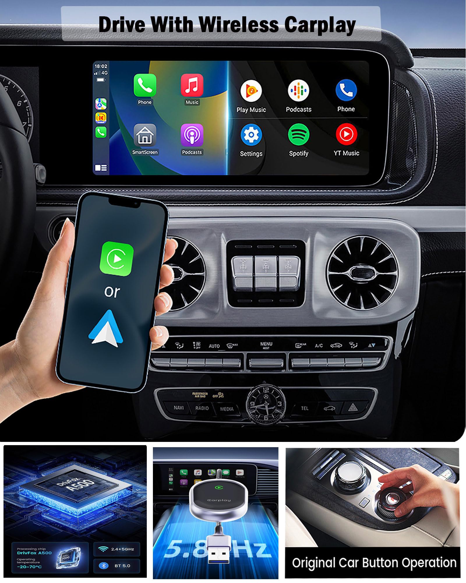 2025 Upgraded Wireless CarPlay Adapter for iPhone - Zero Latency Wired to Wireless Converter, Plug & Play Mini Dongle for Cars with Built-in CarPlay | Seamless Music Streaming & Hands-Free Calling While Driving