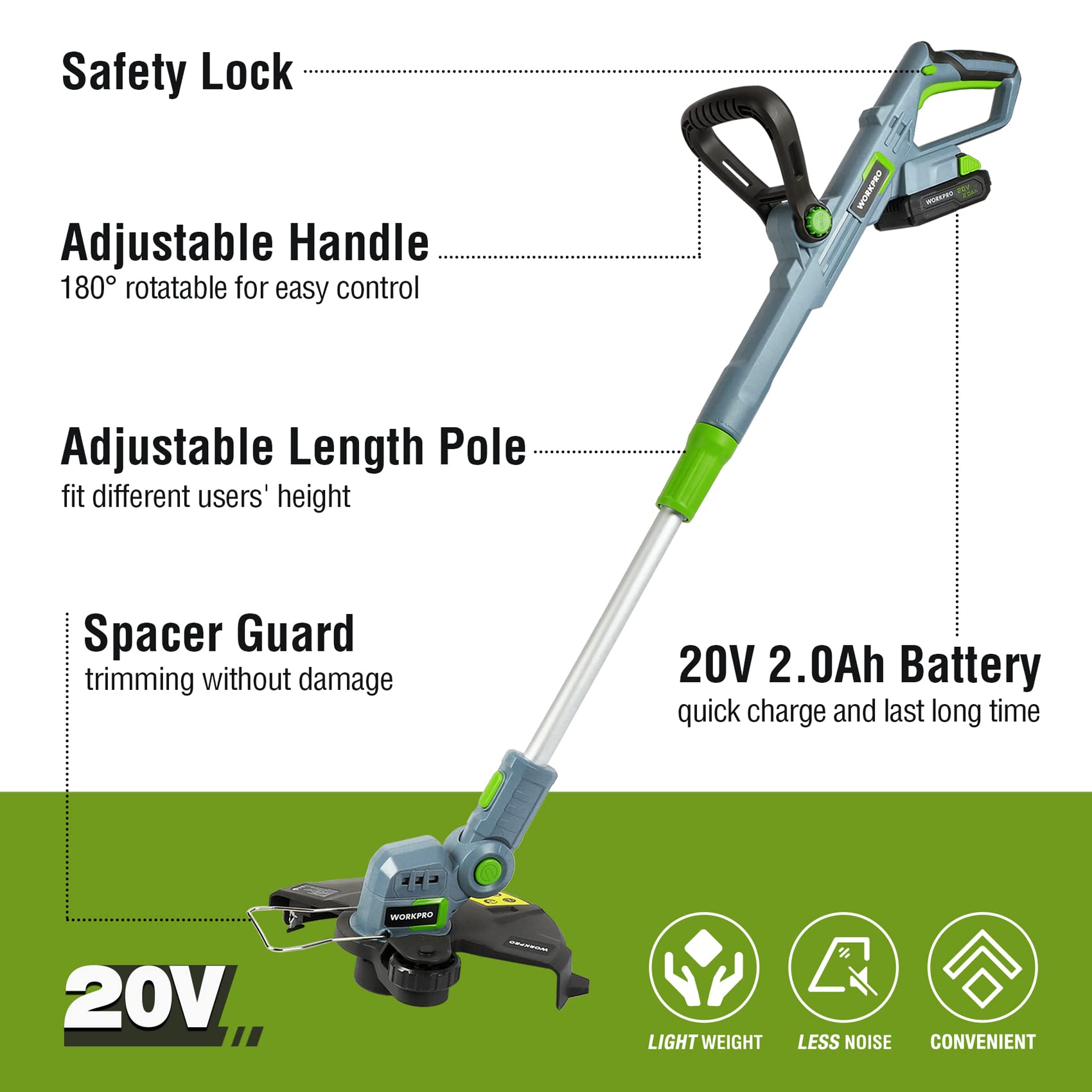 WORKPRO 20V Cordless String Trimmer & Edger - 12-Inch Cutting Width, 2.0Ah Li-Ion Battery, Fast 1-Hour Charger, Includes 16.4ft Trimming Line - Perfect for Lawn Edging, Weed Control & Yard Maintenance