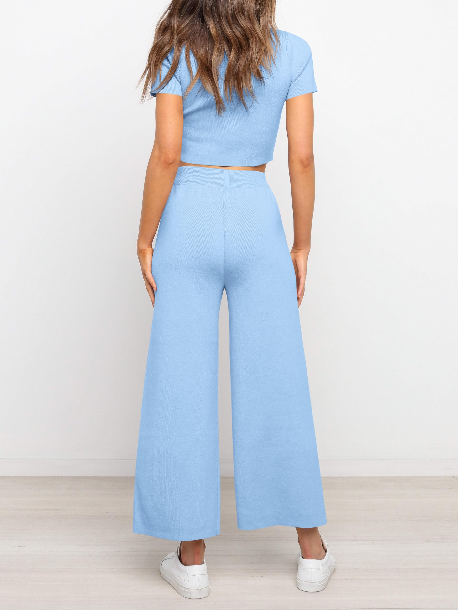 Fisoew Women's 2 Piece Outfits - Soft Knit Short Sleeve Crop Top & High Waisted Lounge Pants Set for Casual Wear, Home, Travel & Street Style