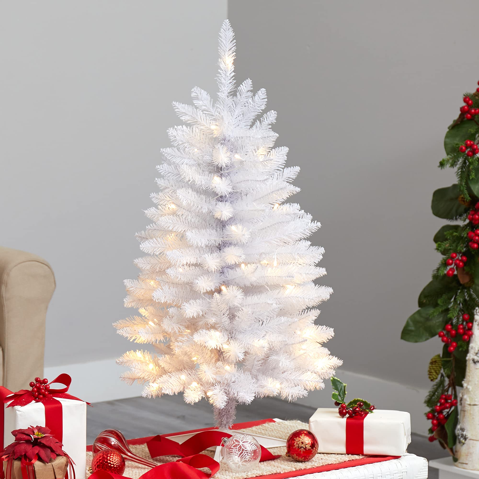 Nearly Natural 3ft Slim White Artificial Christmas Tree with 50 Warm White LED Lights & 161 Bendable Branches | Perfect for Small Spaces, Apartments, Office Decor & Holiday Displays