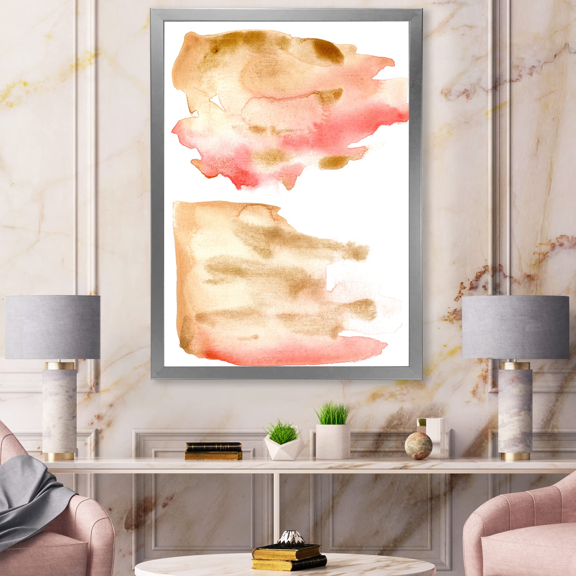 DesignQ Pink Gold Red Beige Abstract Clouds Modern Framed Wall Art - Perfect for Living Room, Bedroom & Office Decor