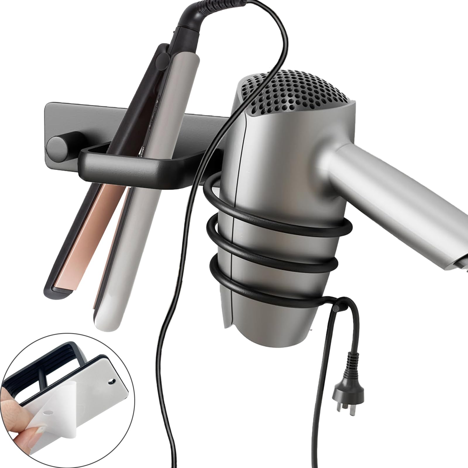 Wall Mount Hair Dryer Holder - Aluminum Hair Tool Organizer with Self-Adhesive & Drill Options | Flat Iron, Curling Iron & Straightener Storage for Bathroom & Salon Organization | Perfect for Small Spaces & Clutter-Free Vanity
