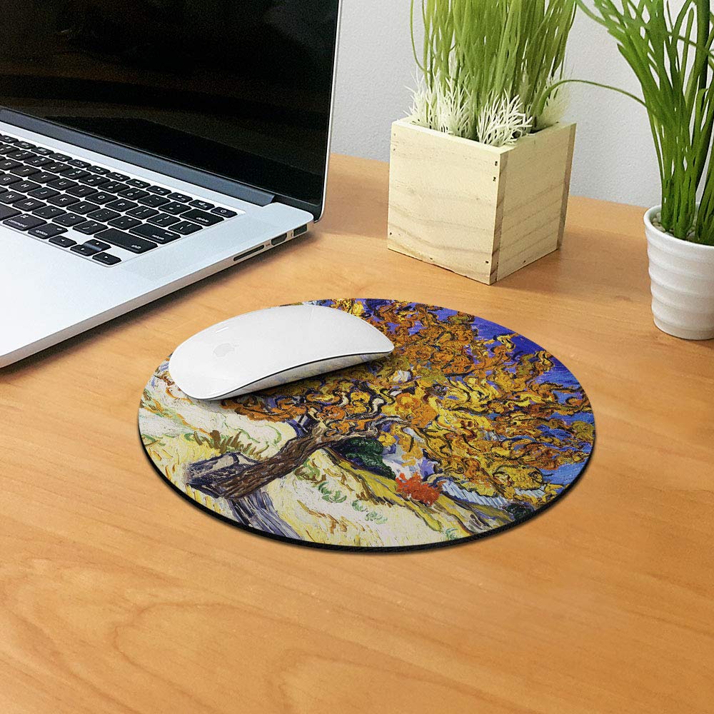 WIRESTER Non-Slip Round Mouse Pad - Van Gogh Mulberry Design for Home Office & Gaming Desk | Perfect for Computer Work, Gaming Setup & Workspace Decor