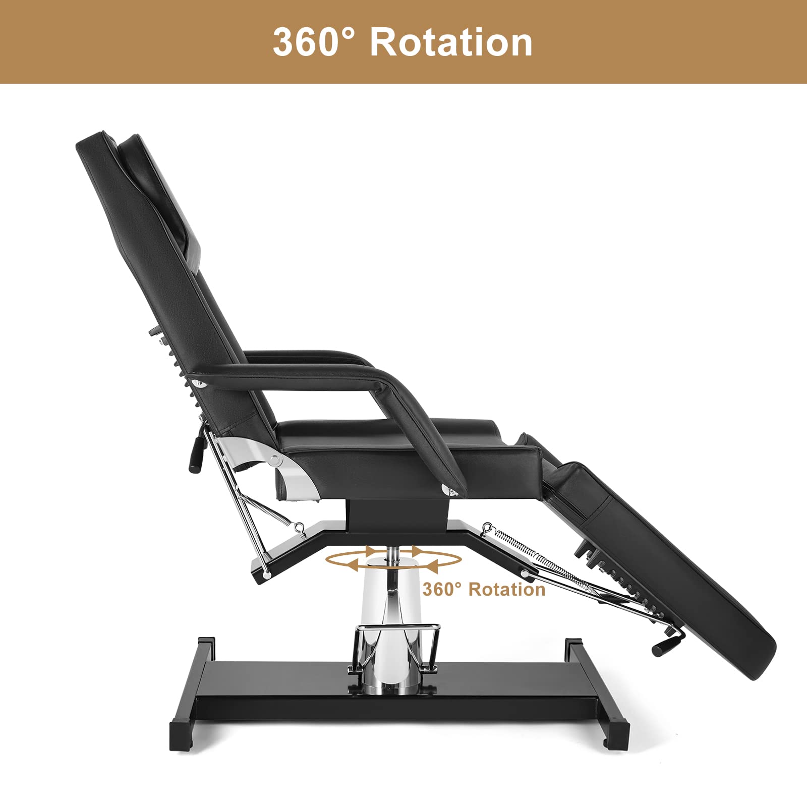 OmySalon Hydraulic Adjustable Tattoo Chair & Facial Bed with Stool - 3-Section Multi-Purpose Beauty Salon Spa Equipment for Massage, Waxing & Skincare - Black