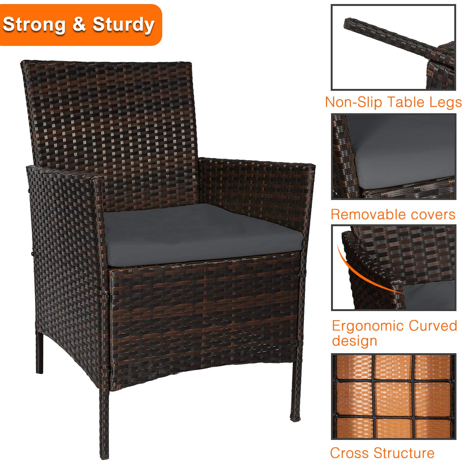 3-Piece Modern Outdoor Patio Furniture Set - Wicker Bistro Table & Chairs for Garden, Porch, Backyard (Brown/Grey) - Perfect for Relaxing, Dining & Entertaining Guests