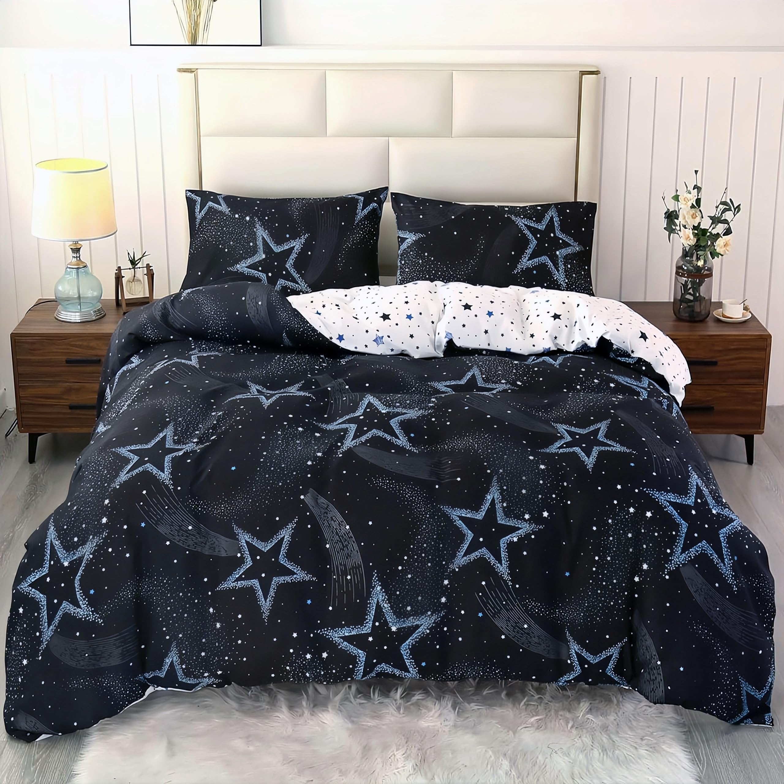 SDY 3PCS Star Duvet Cover Set Queen Size - Black Galaxy Space Themed Reversible Zipper Bedding for Kids, Teens & Adults - Perfect for Kids' Rooms, Dorm Decor & Space-Themed Bedrooms