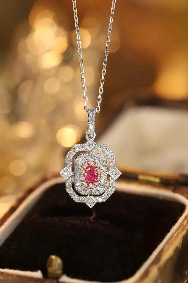 18K White Gold Pink Diamond Pendant Necklace for Women - Real Natural Diamond, Elegant INS Style Jewelry, Perfect Anniversary Gift for Her - Ideal for Weddings, Date Nights & Special Occasions
