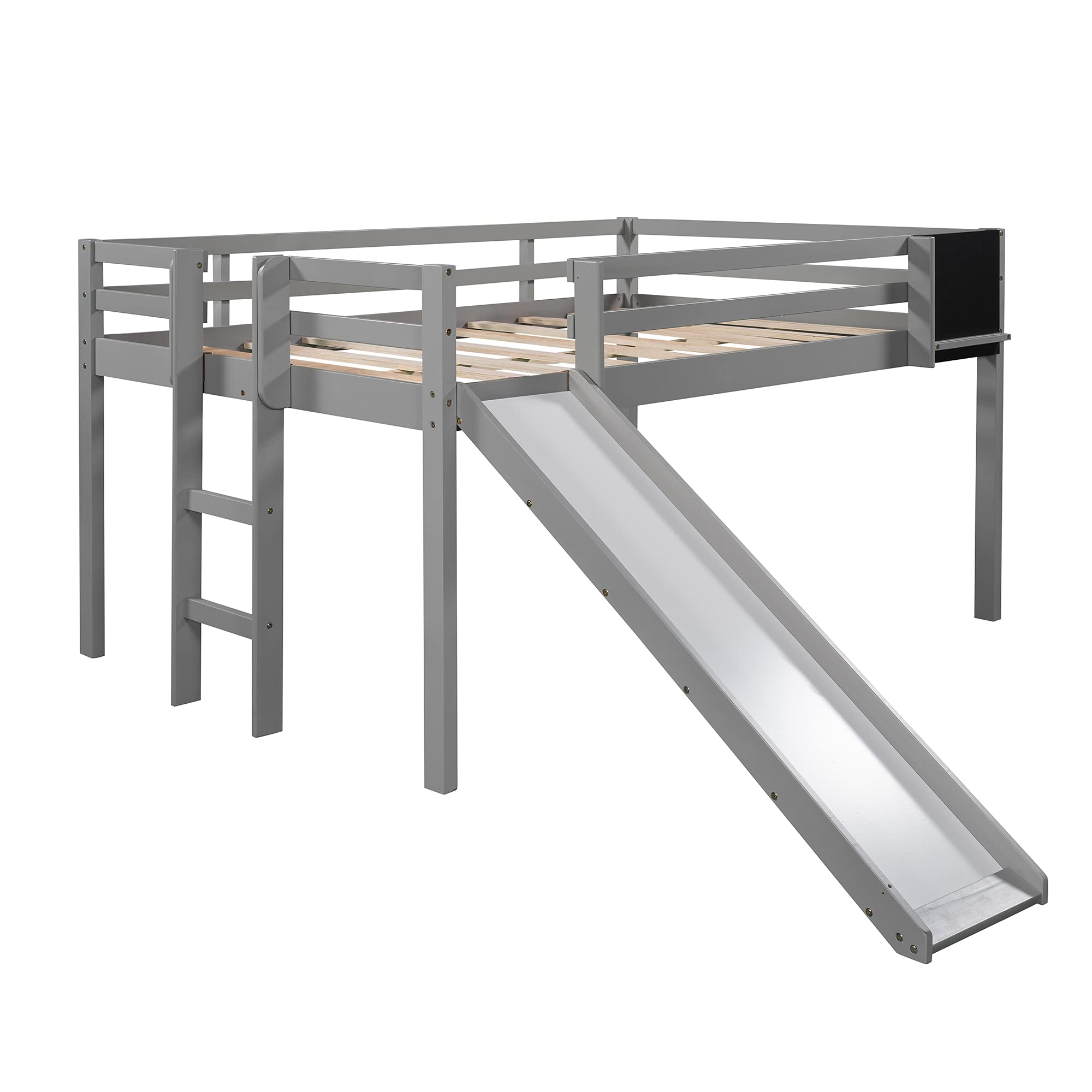 Harper & Bright Designs Full Loft Bed with Slide - Wooden Low Loft Bed for Kids with Chalkboard, Ladder & Safety Guardrail - Space-Saving Bed Frame for Small Bedrooms, Playrooms & Guest Rooms (Full Size, Grey)