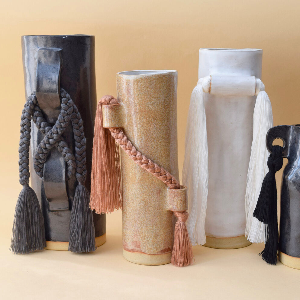 Black Braided Vase #696 - Handwoven Ceramic Home Decor for Modern Living Room, Dining Table & Wedding Centerpiece
