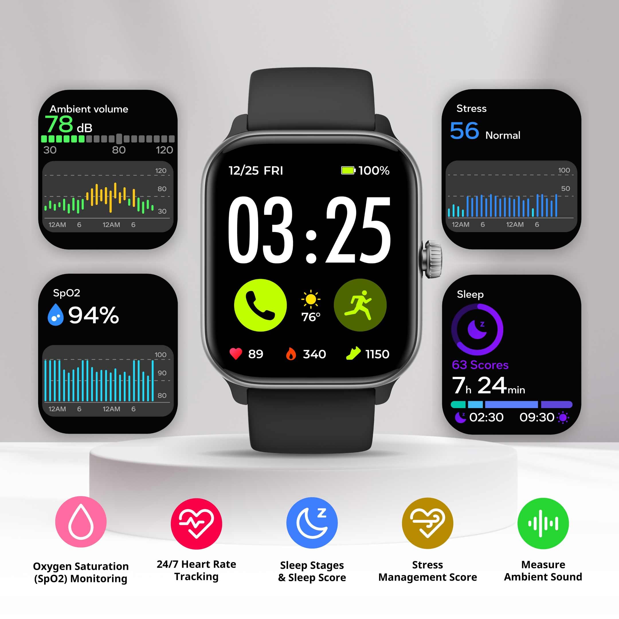 Spade & Co Health Smartwatch 4 - Fitness Tracker for Men & Women with Heart Rate Monitor, Sleep Tracking, SpO2 Sensor, Step Counter, Call Function, IP68 Waterproof - Compatible with iOS & Android - Perfect for Workouts, Running & Daily Activity Tracking