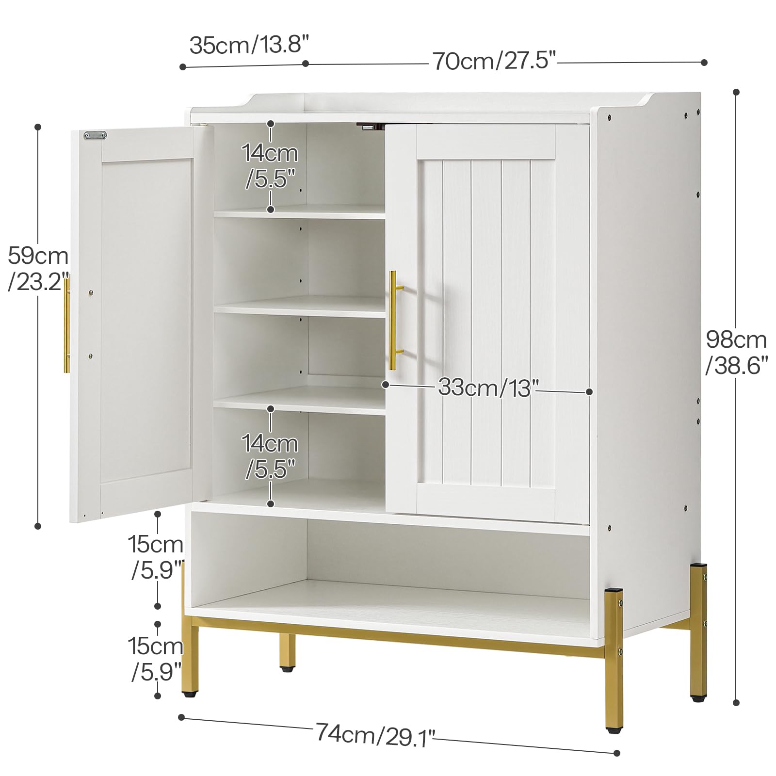 HOOBRO 5-Tier Wooden Shoe Cabinet with Doors - Freestanding Shoe Storage Organizer for Entryway & Hallway, 3 Adjustable Shelves, Gold & White (DW41SC01) - Perfect for Small Spaces, Apartment Living & Closet Organization