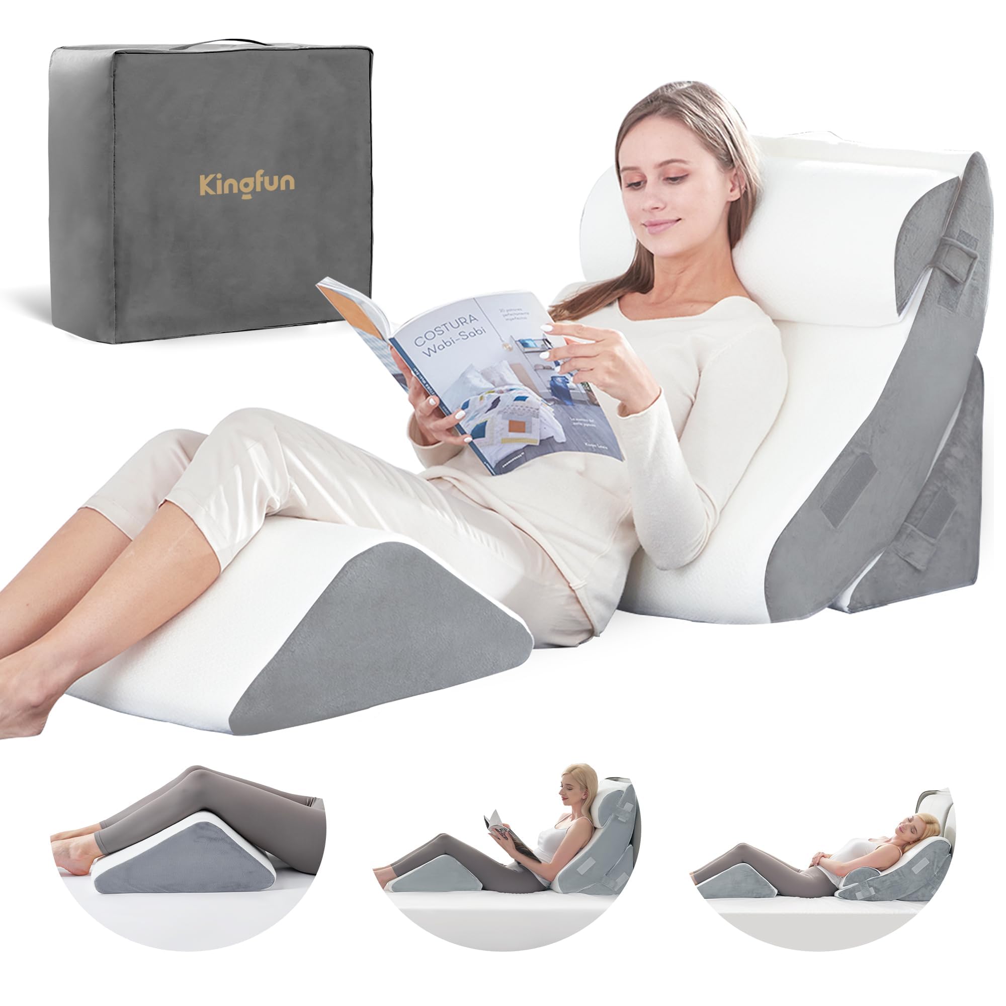 Kingfun 4-Piece Orthopedic Bed Wedge Pillow Set - Post Surgery Memory Foam Support for Sleeping, Adjustable Leg, Back & Arm Rest - Ideal for Sitting Up, Recovery & Travel with Included Carry Bag - Perfect for Home, Hospital & Post-Op Comfort