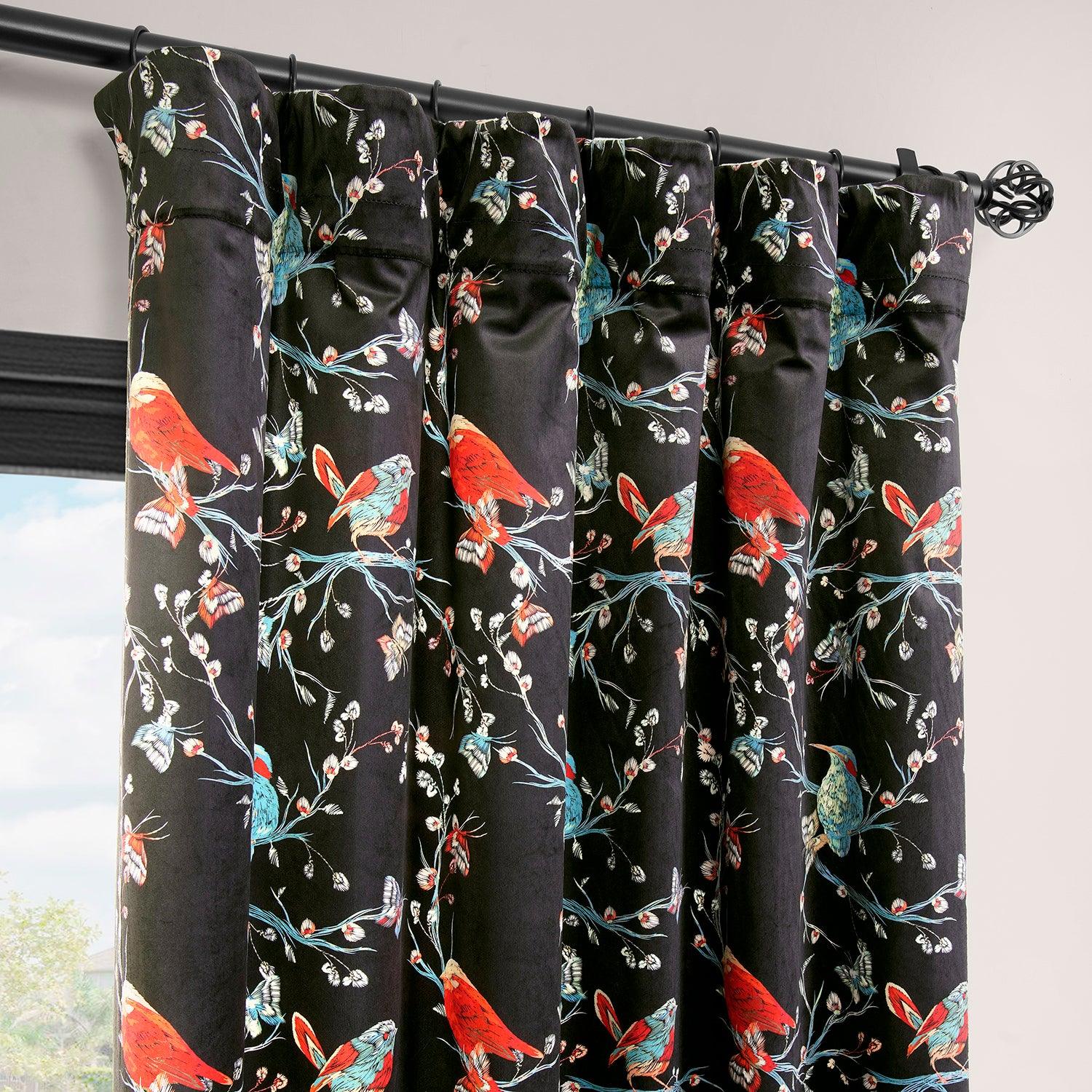 Botanic Garden Black Abstract Barcelona Velvet Blackout Curtains - Elegant Room Darkening Drapes for Living Room, Bedroom & Home Theater