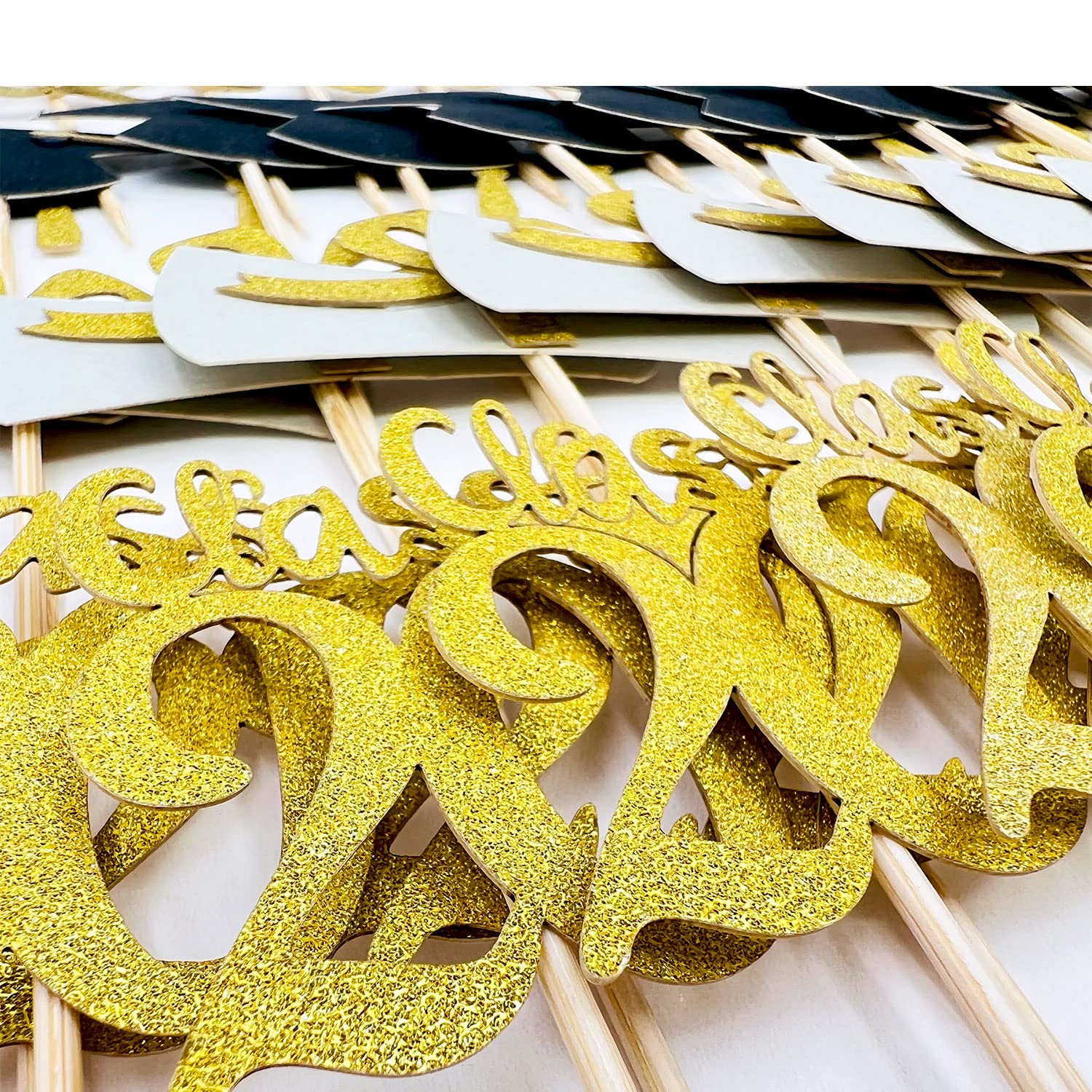 2025 Graduation Cupcake Toppers - 48pcs Glitter Gold & Black Grad Cap & Diploma Decorations for Graduation Party | Class of 2025 Dessert Toppers for Cakes, Cupcakes & Treats - Perfect for Graduation Ceremony, School Party & Celebration Decor