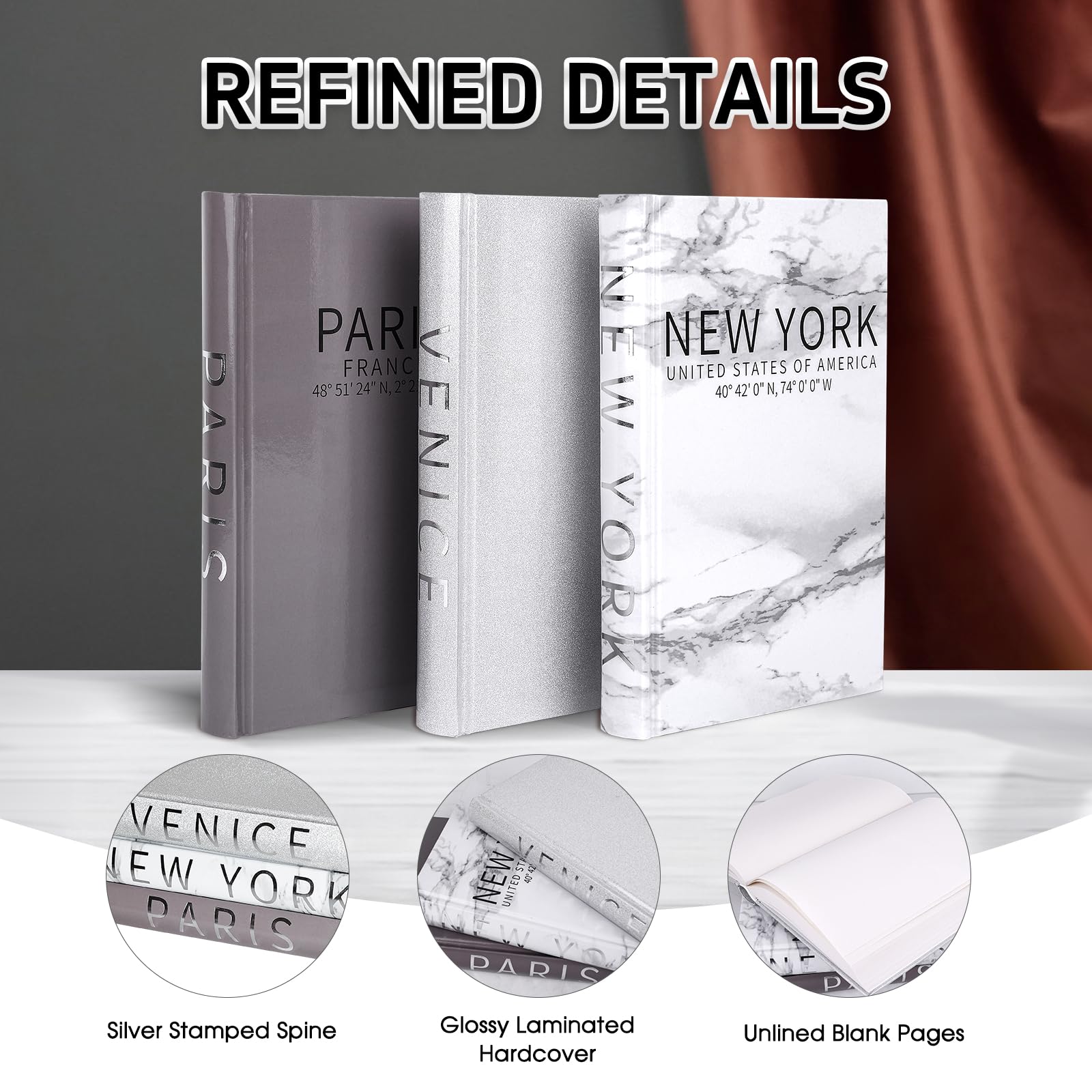 Set of 3 Decorative Books with Silver Foil Stamping - Fashion Designer Coffee Table Books for Home Decor, Bookshelf Styling & Living Room Accents | Perfect for Modern Interior Design, Gift Giving and Stylish Shelf Displays