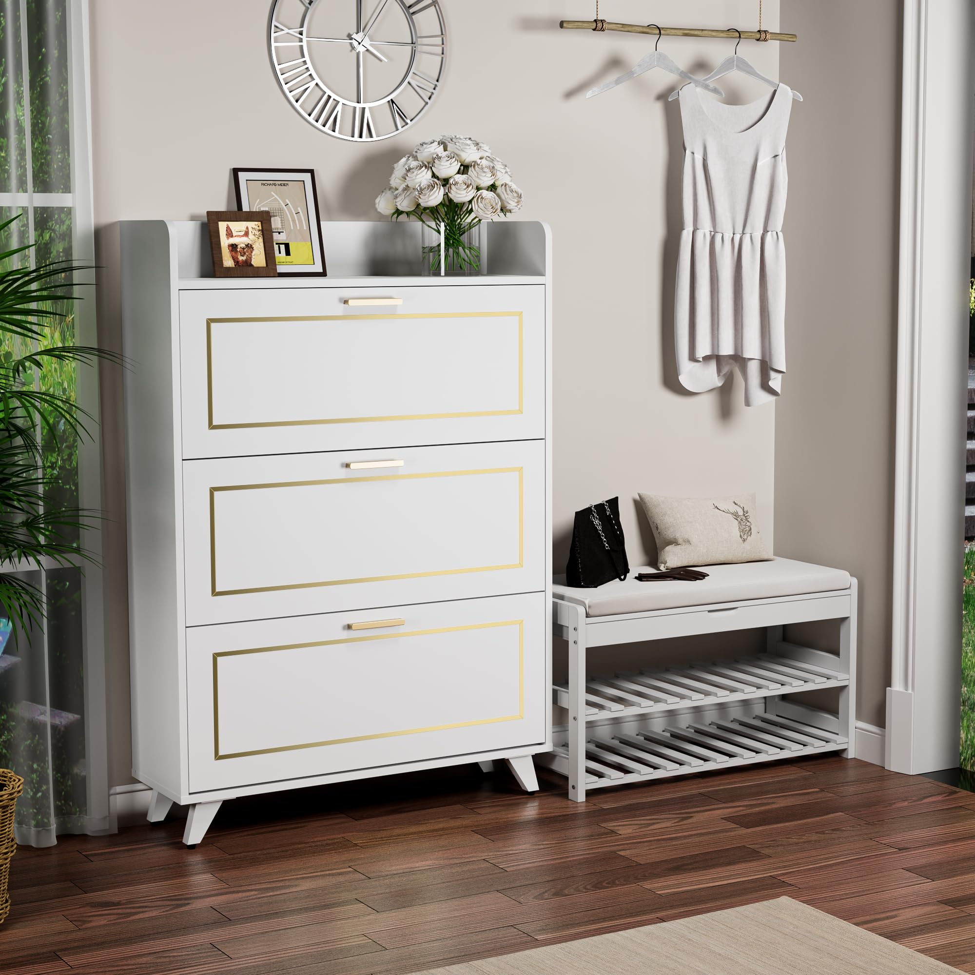 Cozy Castle 3-Tier Flip Drawer Shoe Storage Cabinet - Narrow Hidden Shoe Organizer for Entryway, Hallway & Closet - White Shoe Rack for Small Spaces & Apartment Living