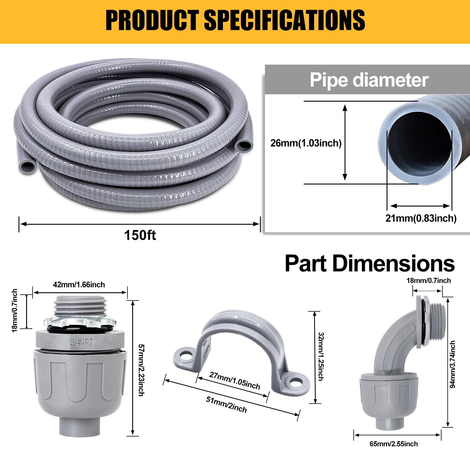 3/4 Inch 150ft Flexible Non-Metallic Liquid-Tight Electrical Conduit Kit with 10 Straight & 10 Angle Fittings + Pipe Straps - for Outdoor Wiring, Underground Installations & Industrial Electrical Projects