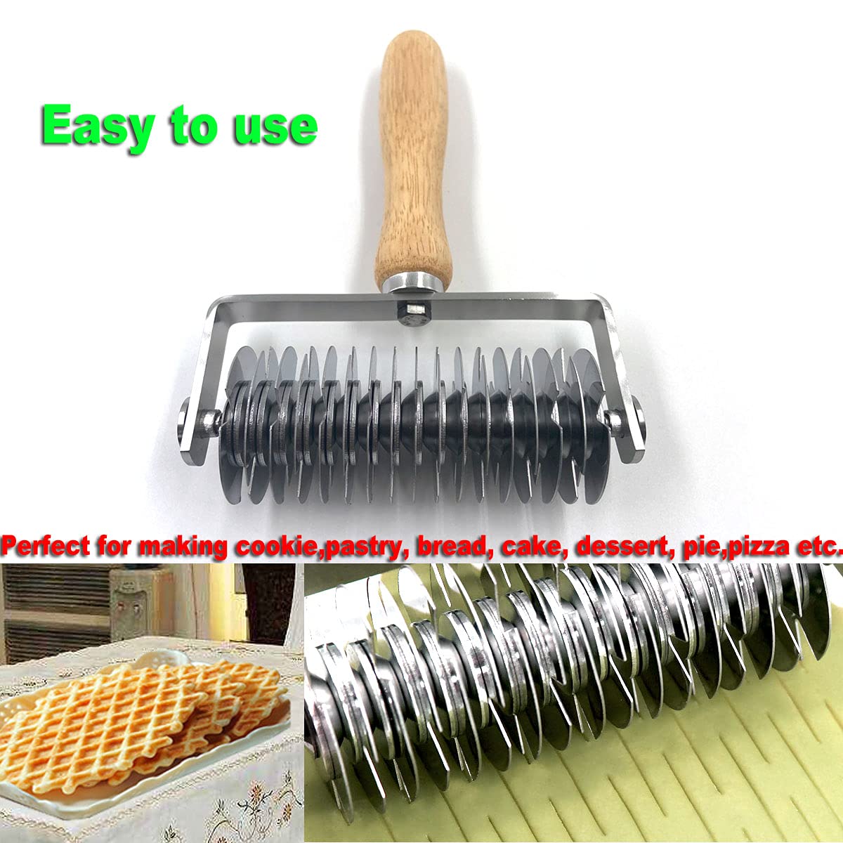 Premium Stainless Steel Dough Lattice Roller Cutter with Ergonomic Wood Handle - Professional Cookie, Pie, Dessert, Pizza, Bread & Pastry Crust Maker - Perfect for Baking, Holiday Treats & Homemade Pizza Nights