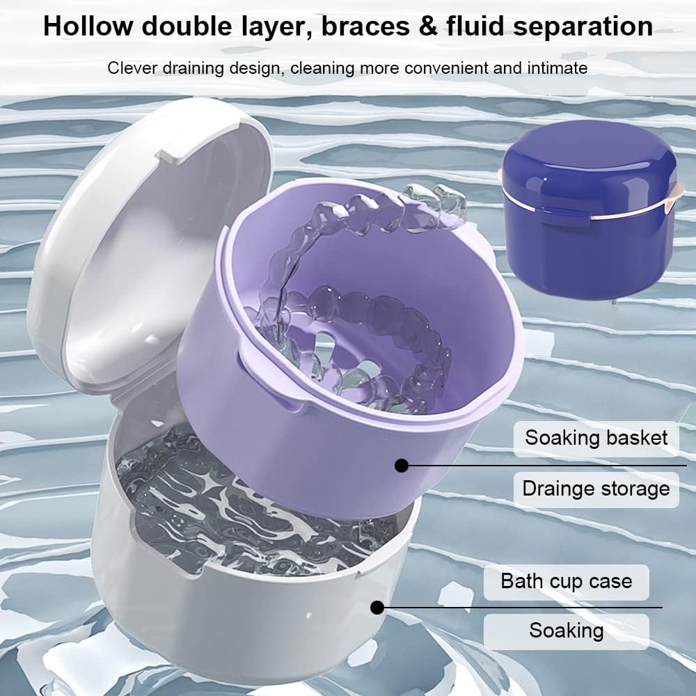 3-Layer Denture Case with Strainer Basket - Portable Denture Soaking & Cleaning Cup for Retainers, Dentures & Aligners - Travel-Friendly Storage Solution (Blue) | Perfect for Home, Travel & Daily Oral Care