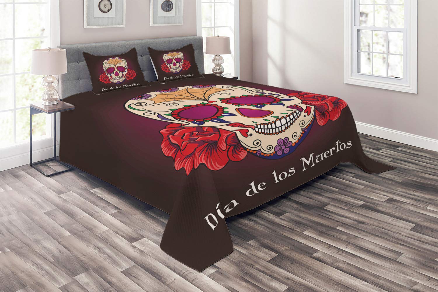 Ambesonne Day of The Dead 3-Piece King Size Quilted Bedspread Set with 2 Pillow Shams | Dia de Los Muertos Spanish Skull & Skeleton Print in Plum Red & Cream | Perfect for Halloween Decor, Mexican Culture Themed Bedroom & Unique Gift Idea