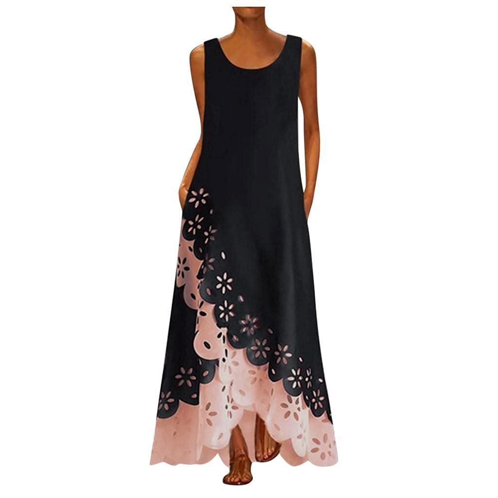 Floral Sleeveless Maxi Dress for Women - Summer Scoop Neck Casual Split Vest Tank Dress for Beach, Vacation & Outdoor Activities
