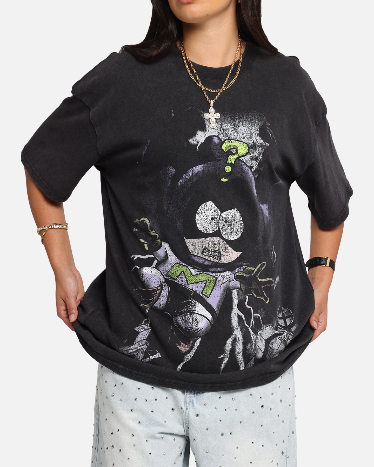 73 Studio X South Park Mysterion Vintage Black Acid Wash T-Shirt | Cartoon Character Tee for Fans & Collectors | Casual Wear & Gift Idea