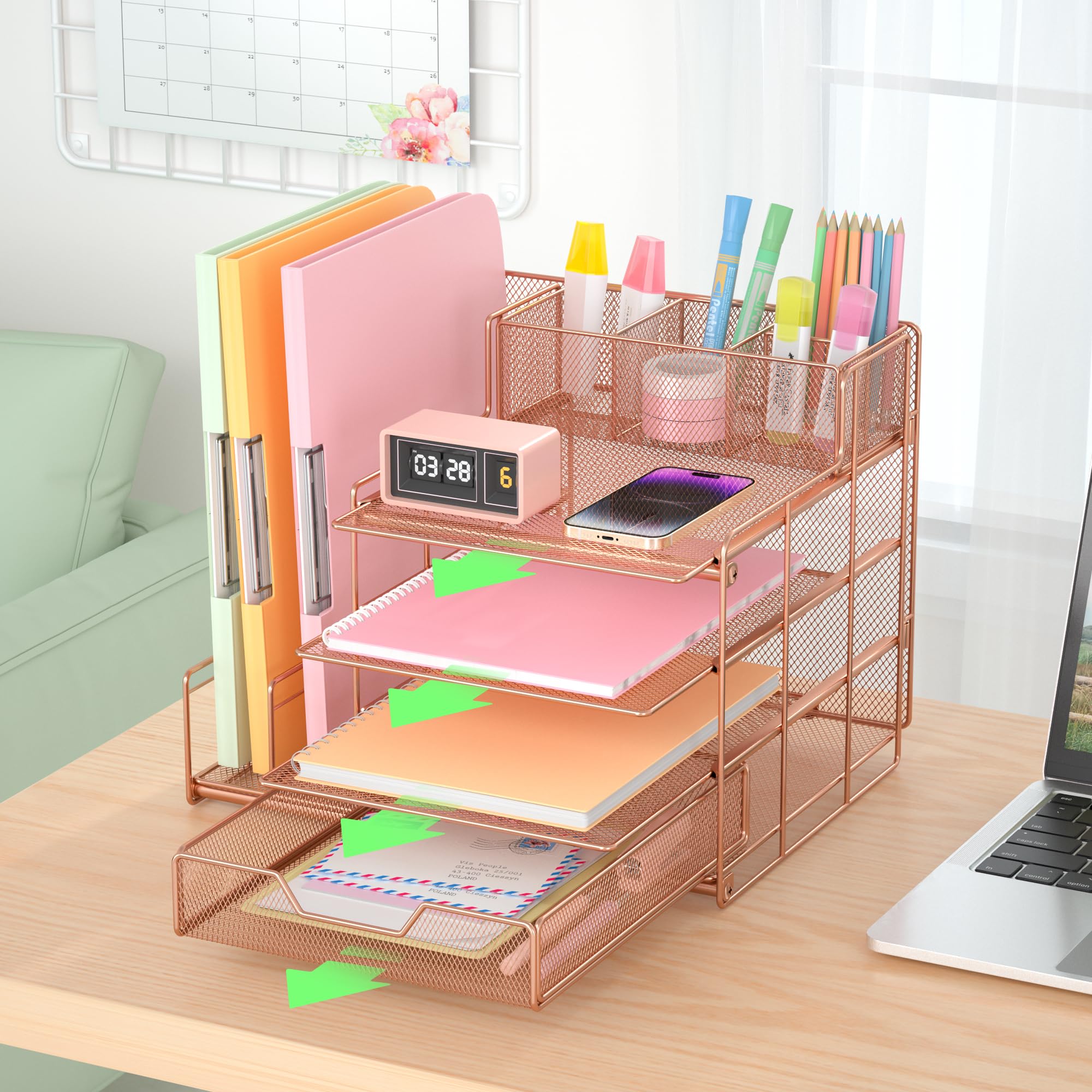 VIVSOL Rose Gold Desk Organizer with Drawer & Vertical File Sorters - Stylish Office Desk Accessories for Women - Perfect for Office, School & Home Organization - Enhance Workspace Efficiency & Declutter Your Desk