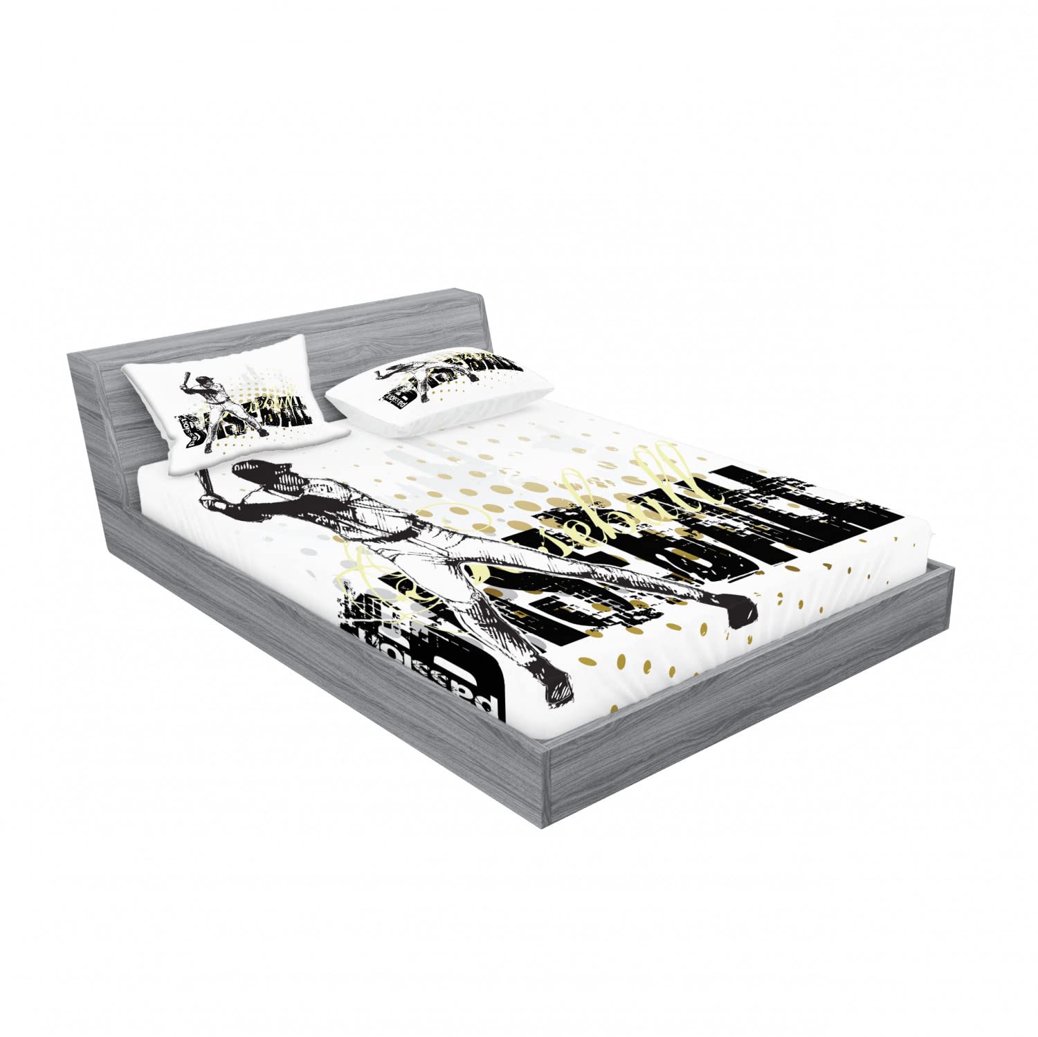 Ambesonne 2-Piece Queen Fitted Sheet Set with 4 Pillow Shams - Baseball Batting Grunge Design Black Yellow White Bedding - Perfect for Sports Fans Bedroom Decor & Game Room Theme