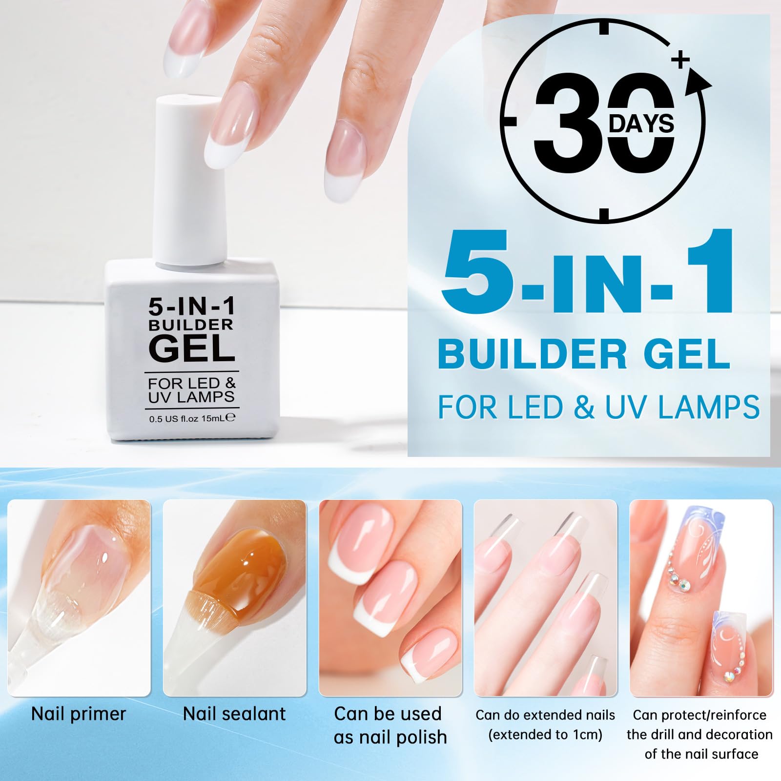RSGRT 5-in-1 Builder Gel for Nails - Clear & Pink UV/LED Nail Strengthener for Professional Manicures | Nail Art Decoration & False Nail Extension Gel | Perfect for Salon, Home DIY & Special Occasion Nail Designs