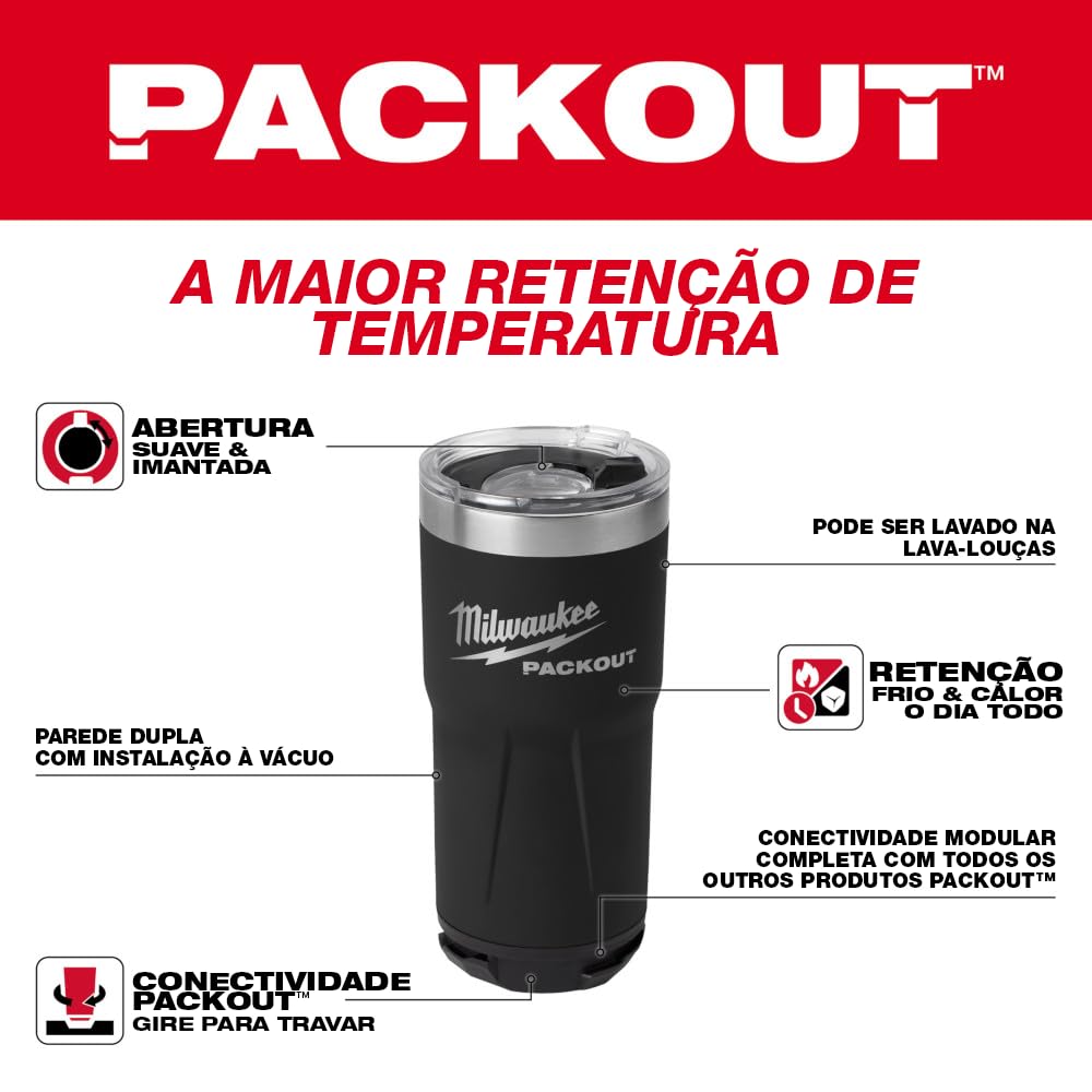 Milwaukee Packout Insulated Tumbler 20oz (590ml) Black - Stainless Steel Vacuum Flask for Hot & Cold Drinks - Perfect for Construction Sites, Camping, and Outdoor Work